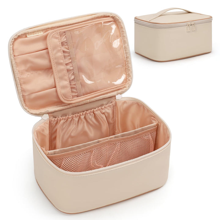 OCHEAL Beige Makeup Bag,Travel Makeup Organizer Bag, Large Capacity Cosmetic Bags For Women Large Travel Toiletry Bag Girls Traveling With Brush Slot And Divider-White