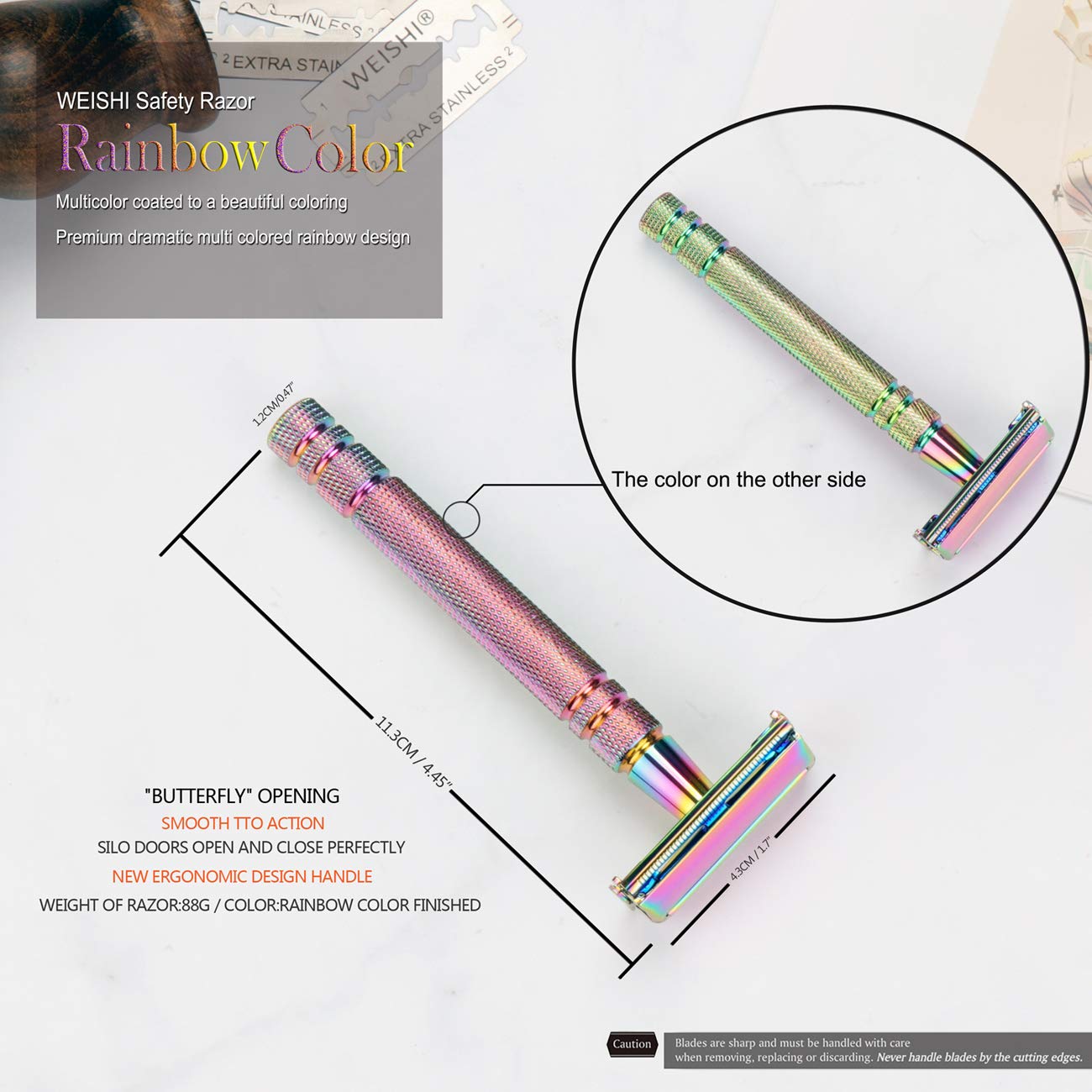 WEISHI Rainbow Color Butterfly Open Long Handle Double Edge Safety Razor Premium Multi-Color DE Razor