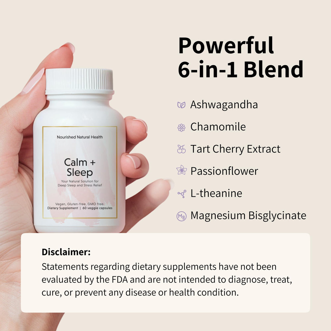 Nourished Naturals - Calm + Sleep Capsules for Deep Sleep & Stress Relief with Ashwagandha, Chamomile, Tart Cherry Extract, Passionflower, L-theanine, & Magnesium Bisglycinate - 180 Capsules
