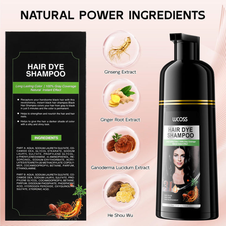 ROPALIA Black Hair Dye Shampoo for Gray Hair for Women, Hair Color Shampoo for Gray Hair Coverage, Herbal Ingredients Champu Para Canas for Women and Men, Shampoo para canas mujer (Black)