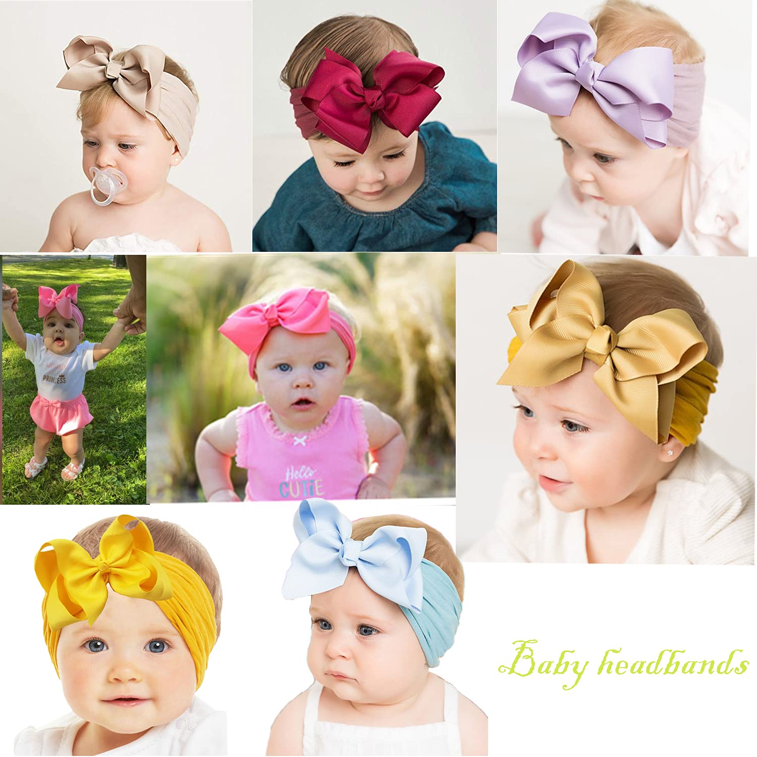 Yxiang 20pcs Baby Headbands with 6 Big Elastics Nylon Ribbon Bows Hair Accessories for Newborns, Infants, Toddlers, Kids