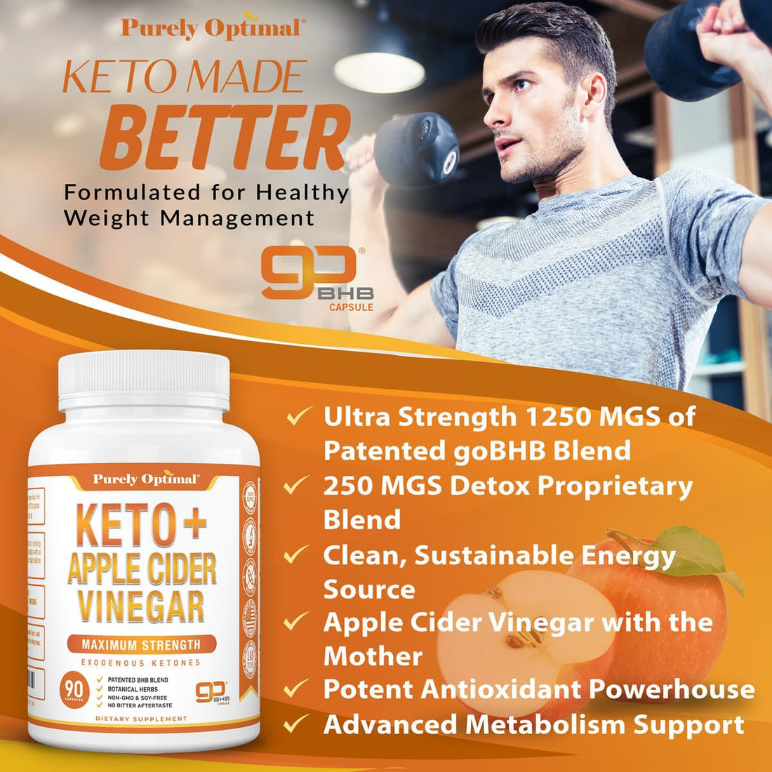 Purely Optimal Keto BHB & Apple Cider Vinegar Capsules - Exogenous Ketones Supplement with The Mother for Ketosis Support, Healthy Lifestyle & Overall Well-Being - 90 Capsules
