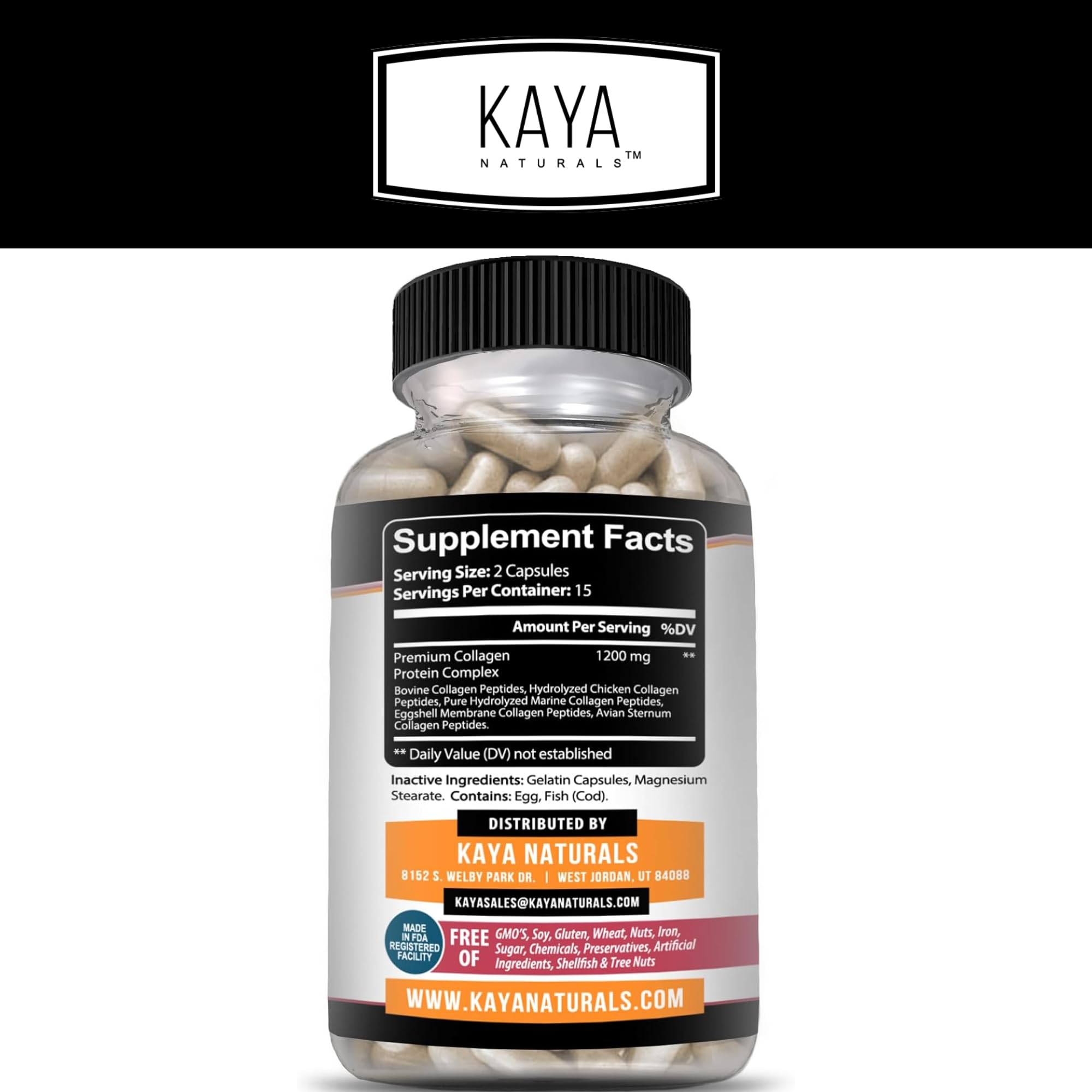 Kaya Naturals Multi Collagen Peptides Complex Powder for Women and Man, Vital for Hair, Skin, Nails, and Anti-Aging, Types I, II, III, V & X Collagen Protein Blend | Capsules - 30 Count Supplement