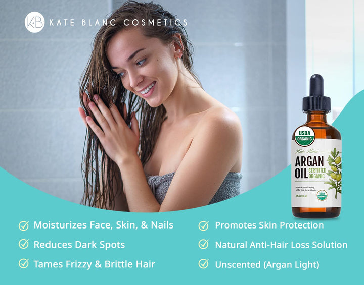 Kate Blanc Cosmetics Argan Oil for Hair, Face & Skin from Morocco. Promotes Hair Growth (4oz, USDA Certified Organic, Cold Pressed & 100% Pure, Light)