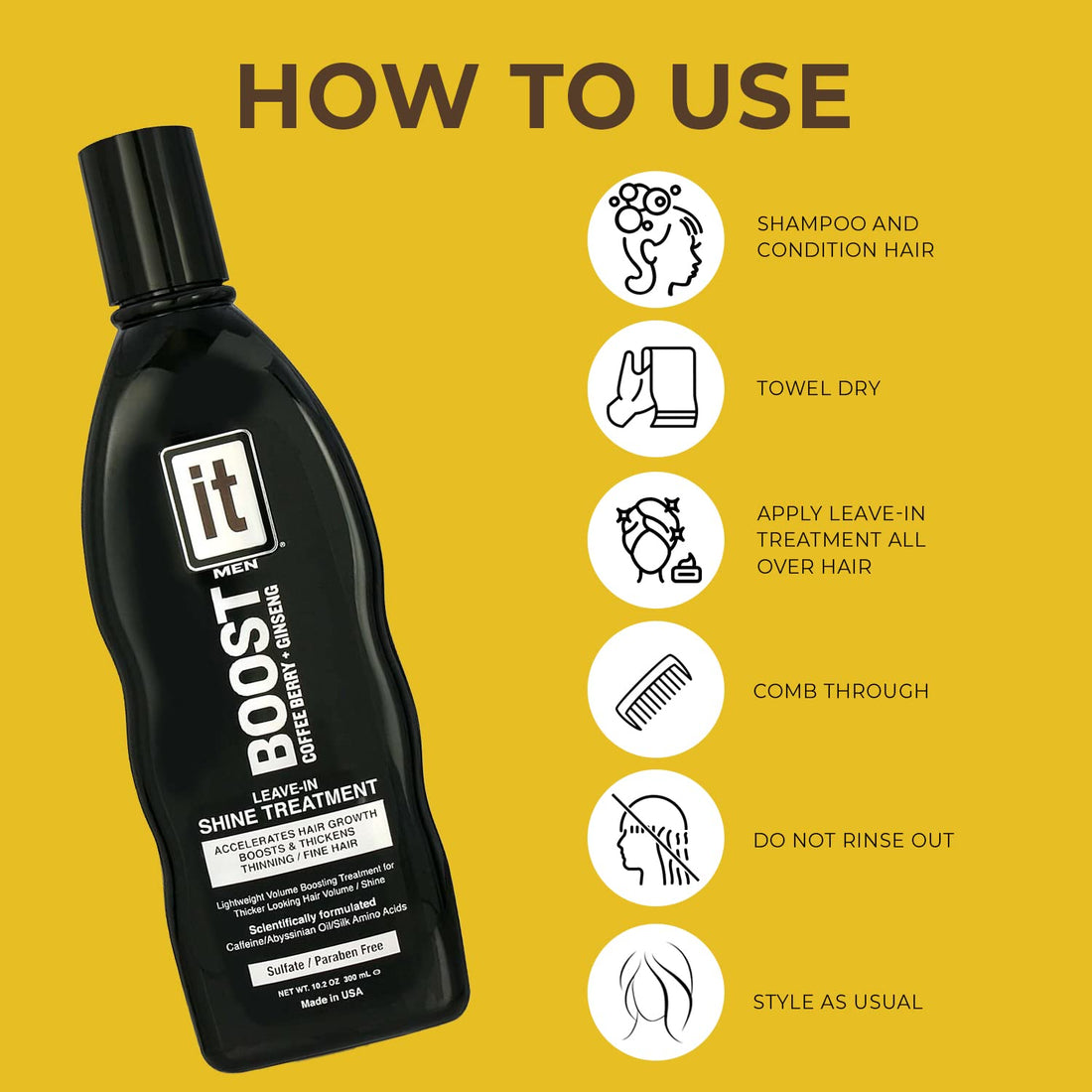 BOOST IT Leave-In Shine Treatment for Men | Hair Growth, Thicken Thinning & Fine Hair | Sulfate & Paraben, 10.2oz