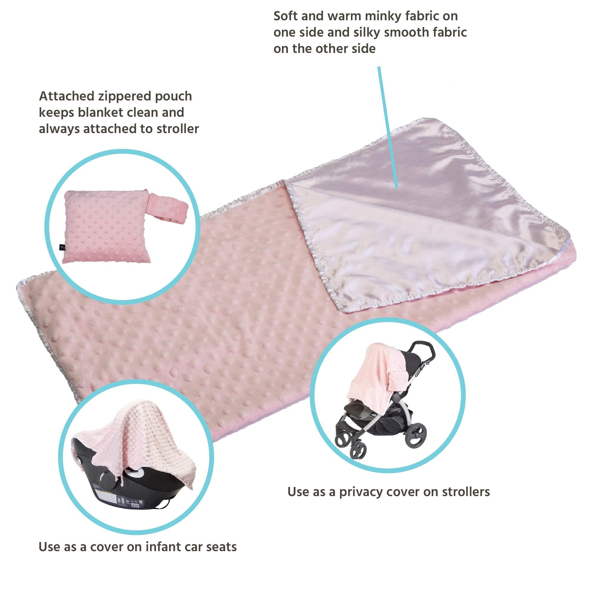 J.L. Childress Cuddle 'N Cover Stroller Blanket - Silky and Minky Fabrics - Blanket Attaches to Stroller - Privacy Cover, Blanket, Sun Shade - 30 x 30 - Pink