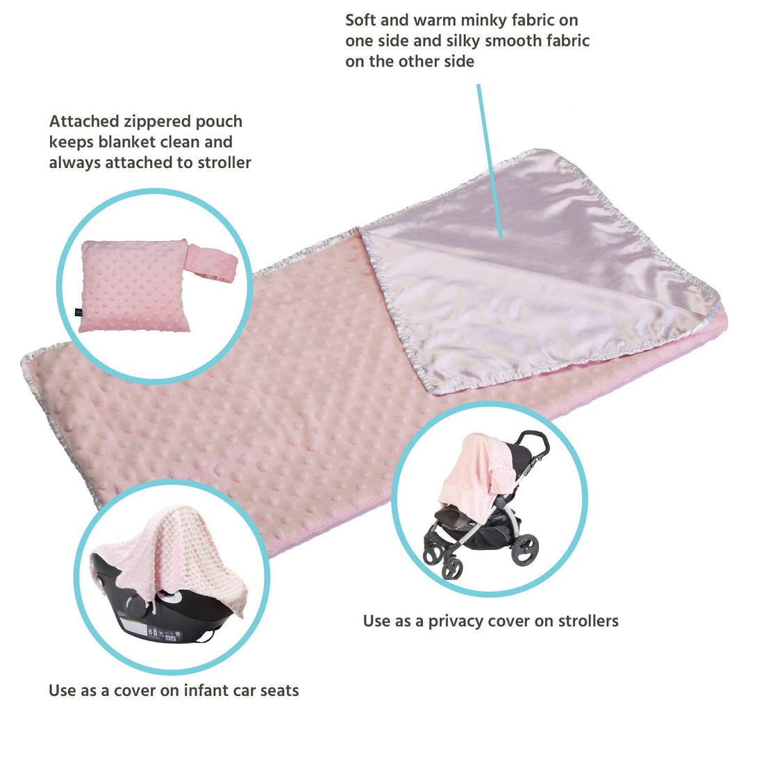 J.L. Childress Cuddle 'N Cover Stroller Blanket - Silky and Minky Fabrics - Blanket Attaches to Stroller - Privacy Cover, Blanket, Sun Shade - 30 x 30 - Pink