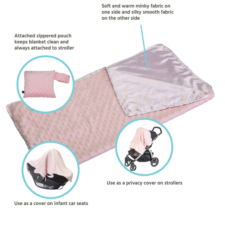 J.L. Childress Cuddle 'N Cover Stroller Blanket - Silky and Minky Fabrics - Blanket Attaches to Stroller - Privacy Cover, Blanket, Sun Shade - 30 x 30 - Pink
