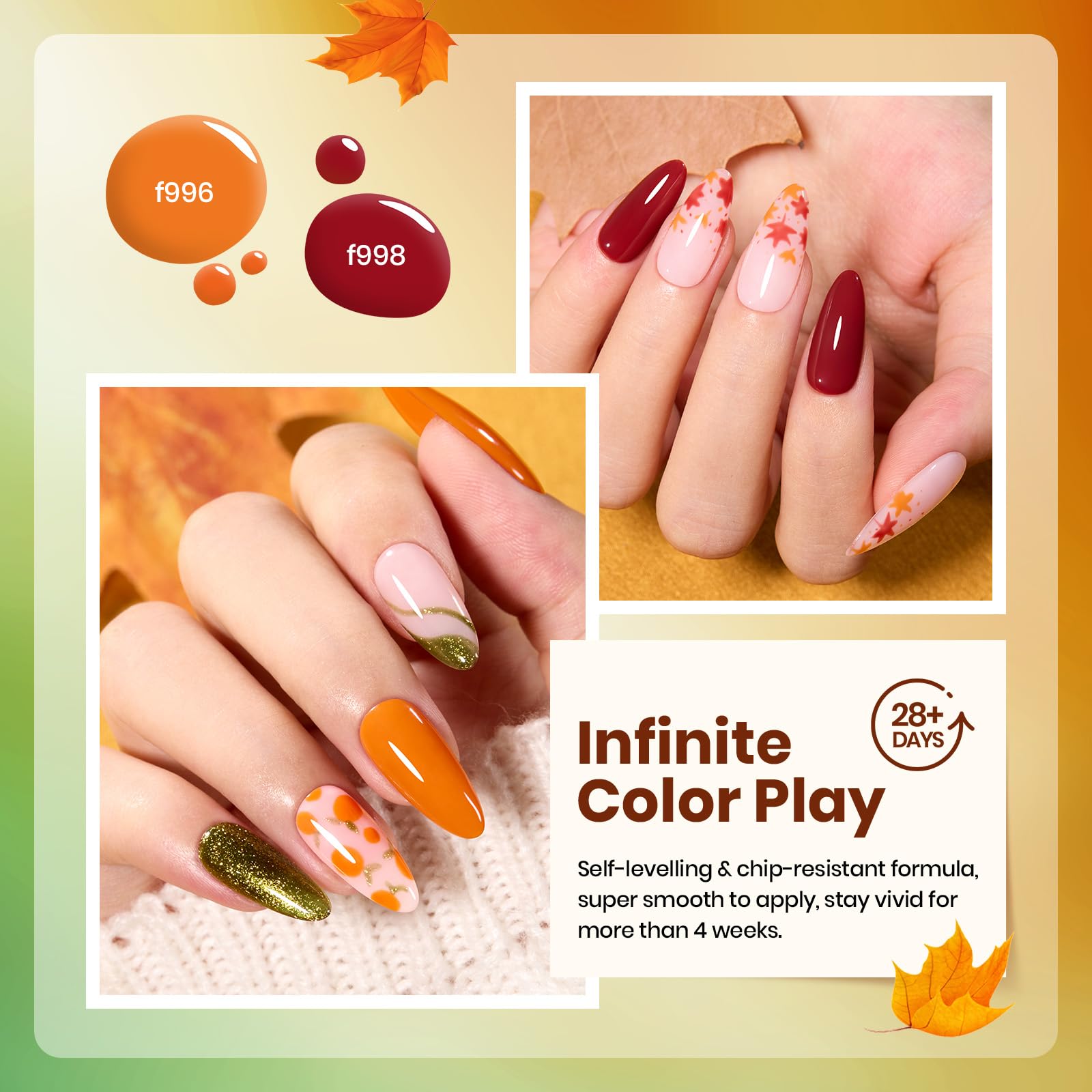 Beetles Fall Gel Nail Polish Set, 6Pcs Autumn Realm Collection, Yellow Orange Burgundy Red Green Gel Polish Golden Glitter Nails Kit DIY Nail Art Gifts for Women