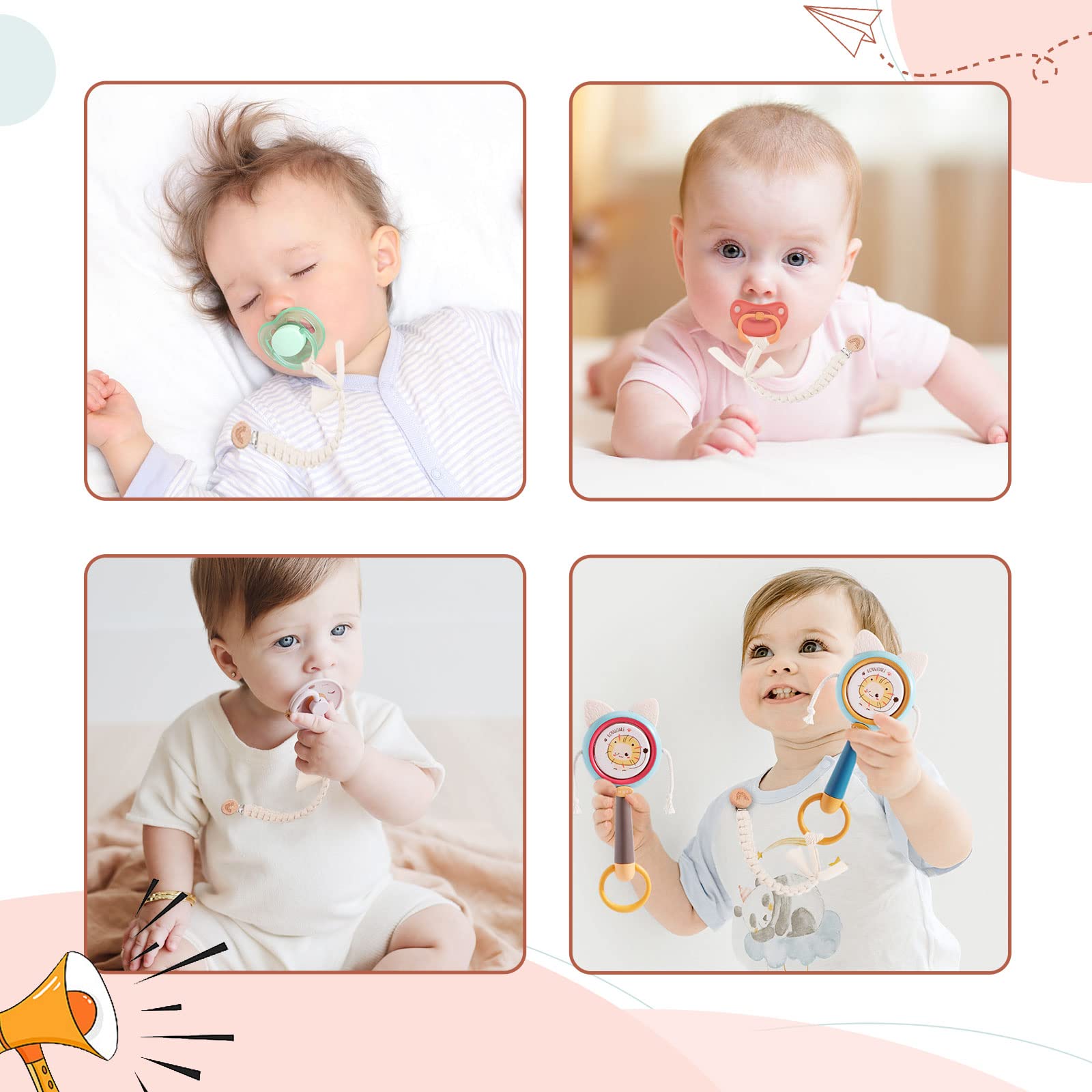 Symbolife Pacifier Clip for Boys Girls Pacifier Holder Leash Boho Rainbow Wooden Clips Handmade Braided Cotton Unisex Baby Shower Birthday Gift Christmas Gift (White Light Pink Brown)