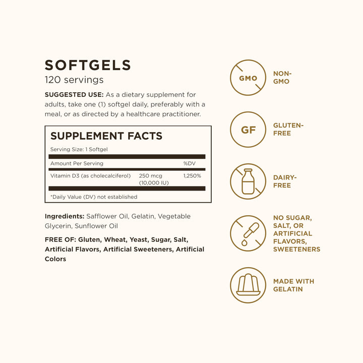 Solgar Vitamin D3 (Cholecalciferol) 250 MCG (10,000 IU), 120 Softgels - Helps Maintain Healthy Bones & Teeth - Immune System Support - Non GMO, Gluten/ Dairy Free - 120 Servings