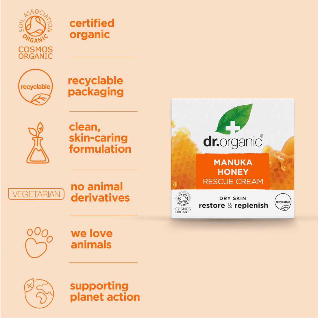 Dr. Organic Manuka Honey Rescue Cream | Nourishing and Soothing Face Cream for Dry Skin, Intensive Hypoallergenic Emollient, Certified Organic, Paraben & SLS-Free, Natural, 50 ml / 1.7 fl oz