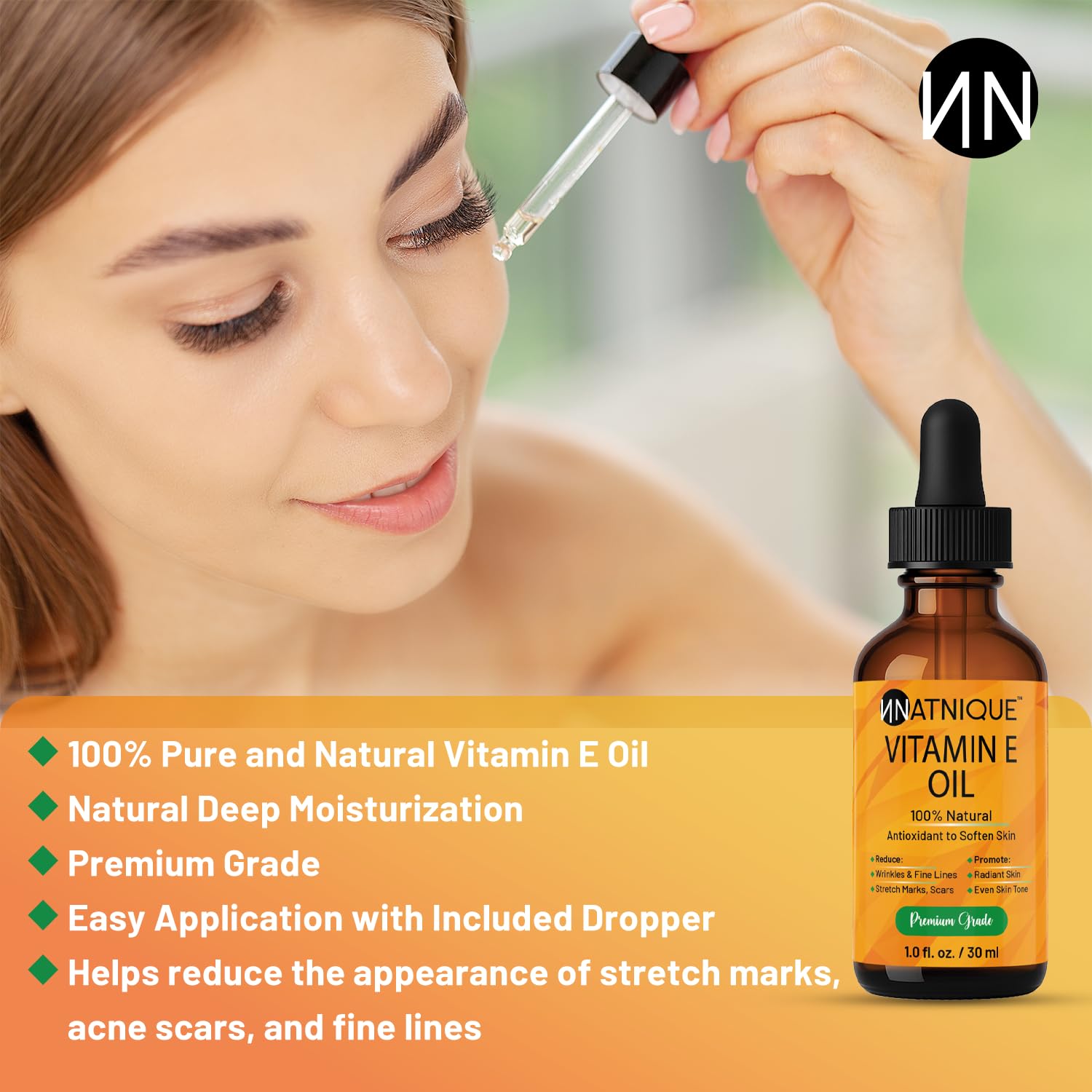 Vitamin E Oil 1oz 100% Natural for Nails, Hair, Face, Eyebrows, Eyelashes, and Body. Non-GMO, Natural D-Alpha Tocopherol. for Nail Growth, and Vitamin E for Skin