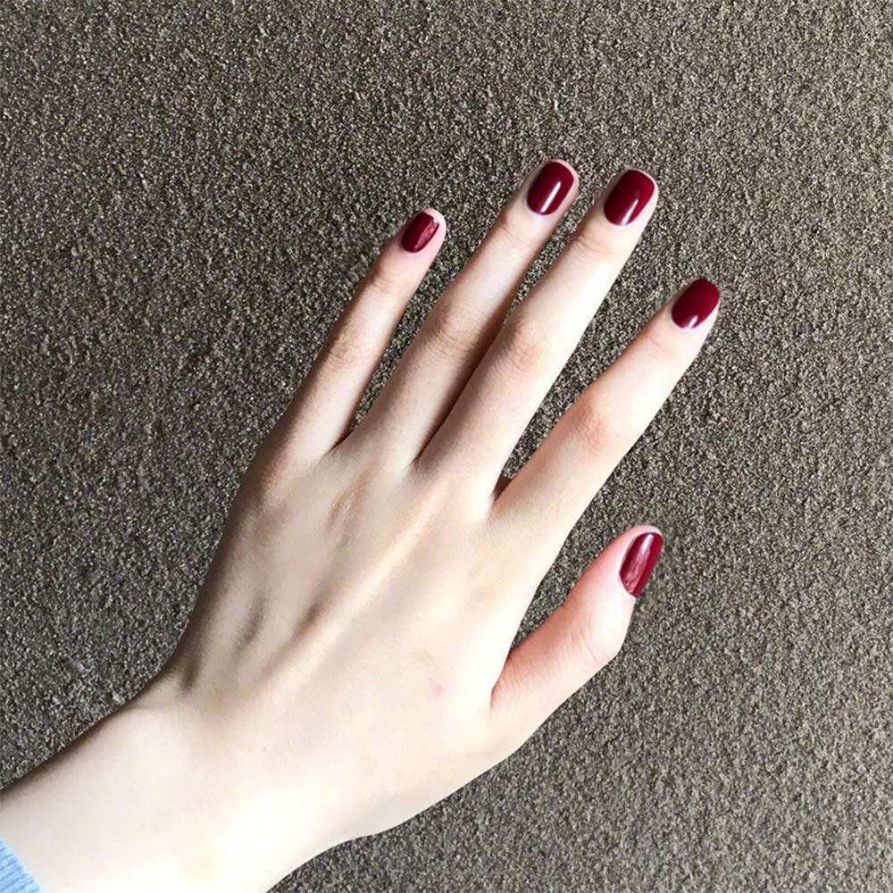Aimimier 24Pcs Square False Nails Glossy Full Cover Pure Color Short Fake Nails with Glue Sticker Acrylic Artificial Press on Nails for Women and Girls (Burgundy)