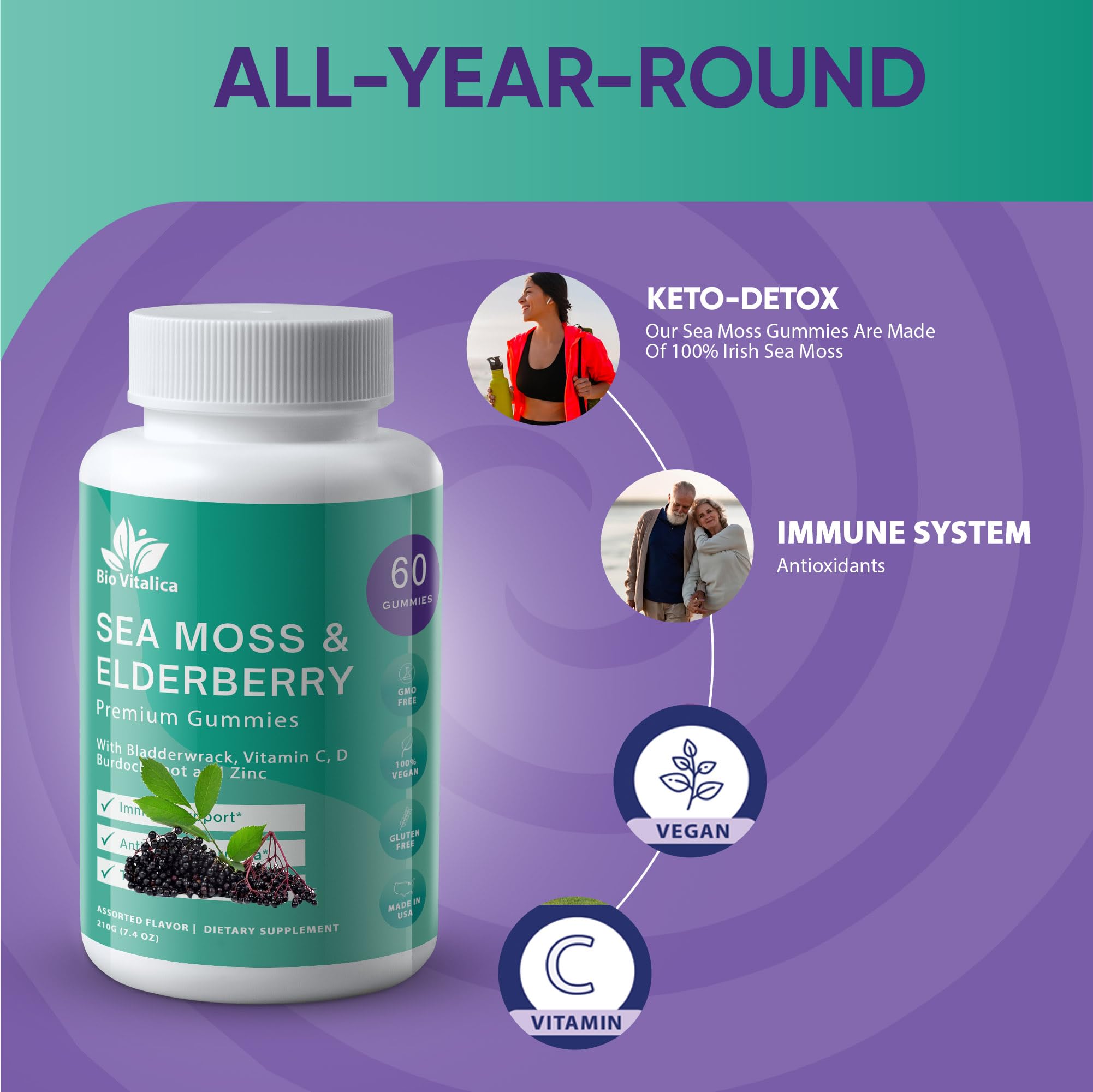 BIO VITALICA Sea Moss Gummies Elderberry BioVitalica - Vitamin C D + Zinc - Irish Seamoss Vegan Gummy with Sea Moss Gel & Powder for Immunity, Detox - for Adults and Kids