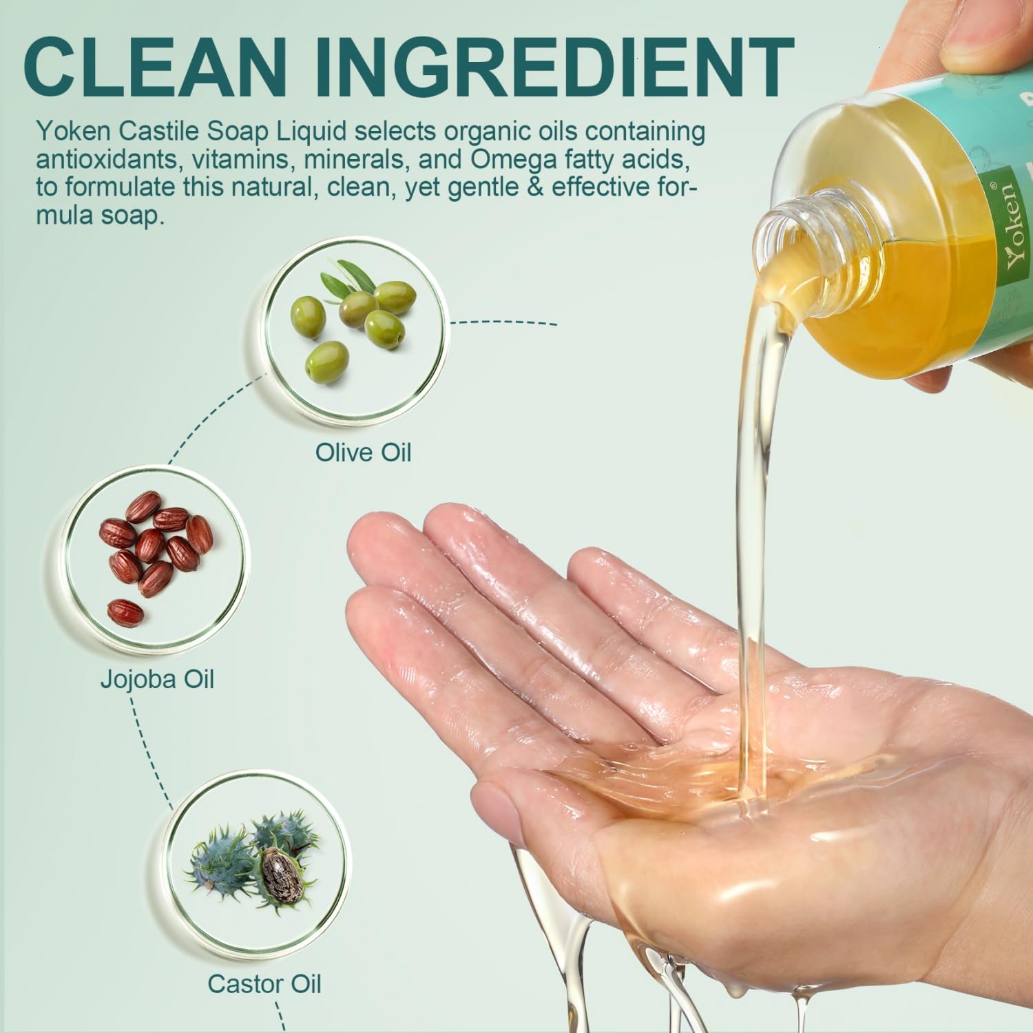 Yoken Pure Castile Liquid Soap Organic (EWG Verified, Unscented, 8 OZ), Made with Organic Oils, No Added Fragrance, Vegan, Castile Soap Liquid for Face, Laundry, Dishes, Sensitive Skin, Travel Soap