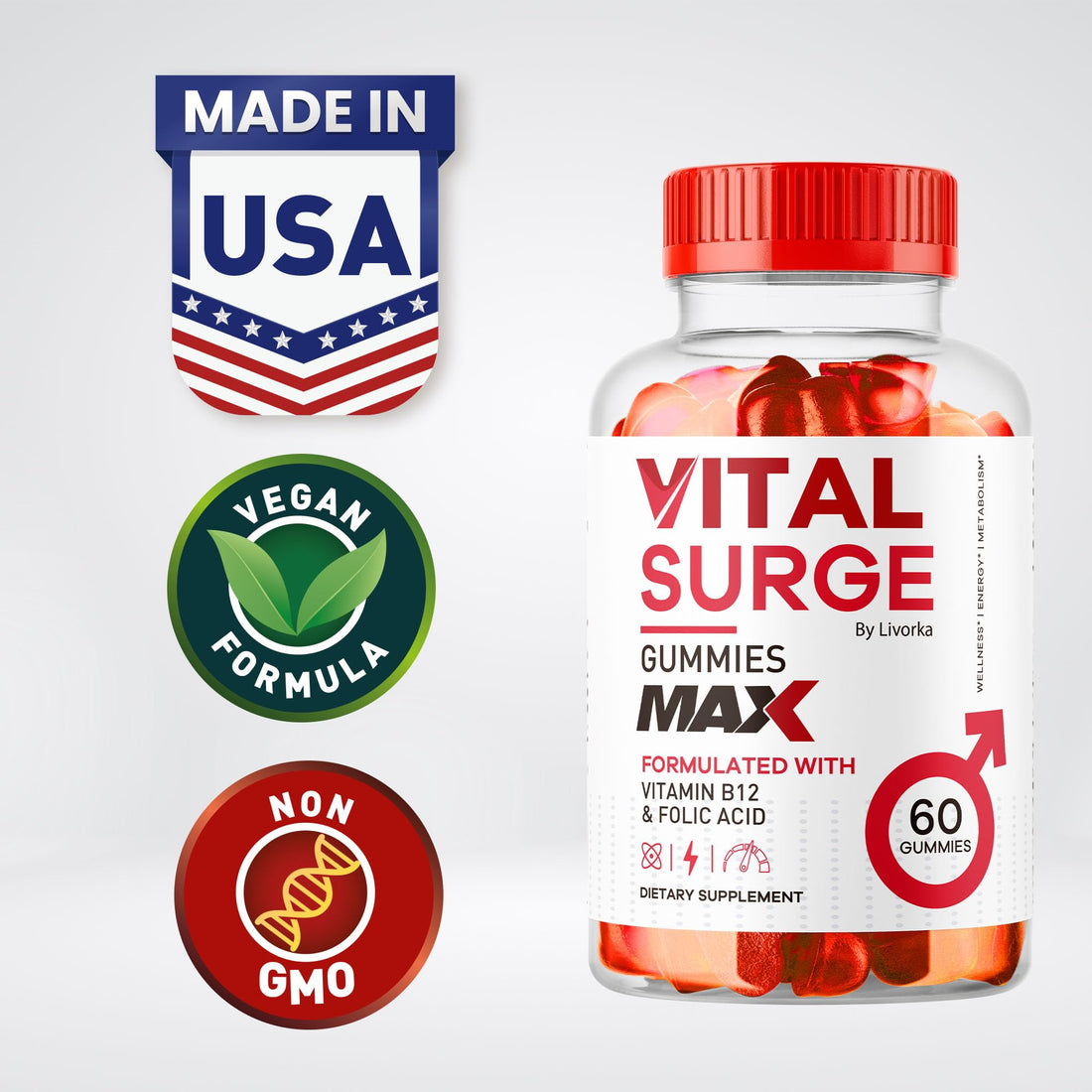 Vital Surge Male Gummies - Men's Performance Gummies, MAX Strength VitalSurge Advanced Formula, VitaSurge for Men Vitale Vita, 1050MG (60 Gummies)