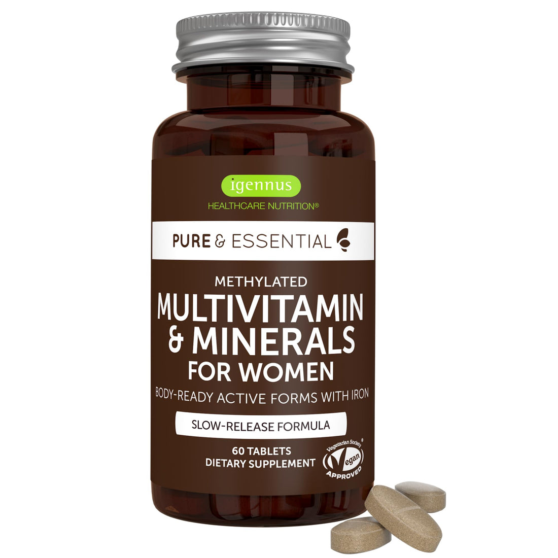 Igennus Methylated Women's Multivitamin, Methylated Folate for MTHFR, Clean Label & Sustained Release, with Iron, Non-GMO, Halal, 60 Vegan Tablets