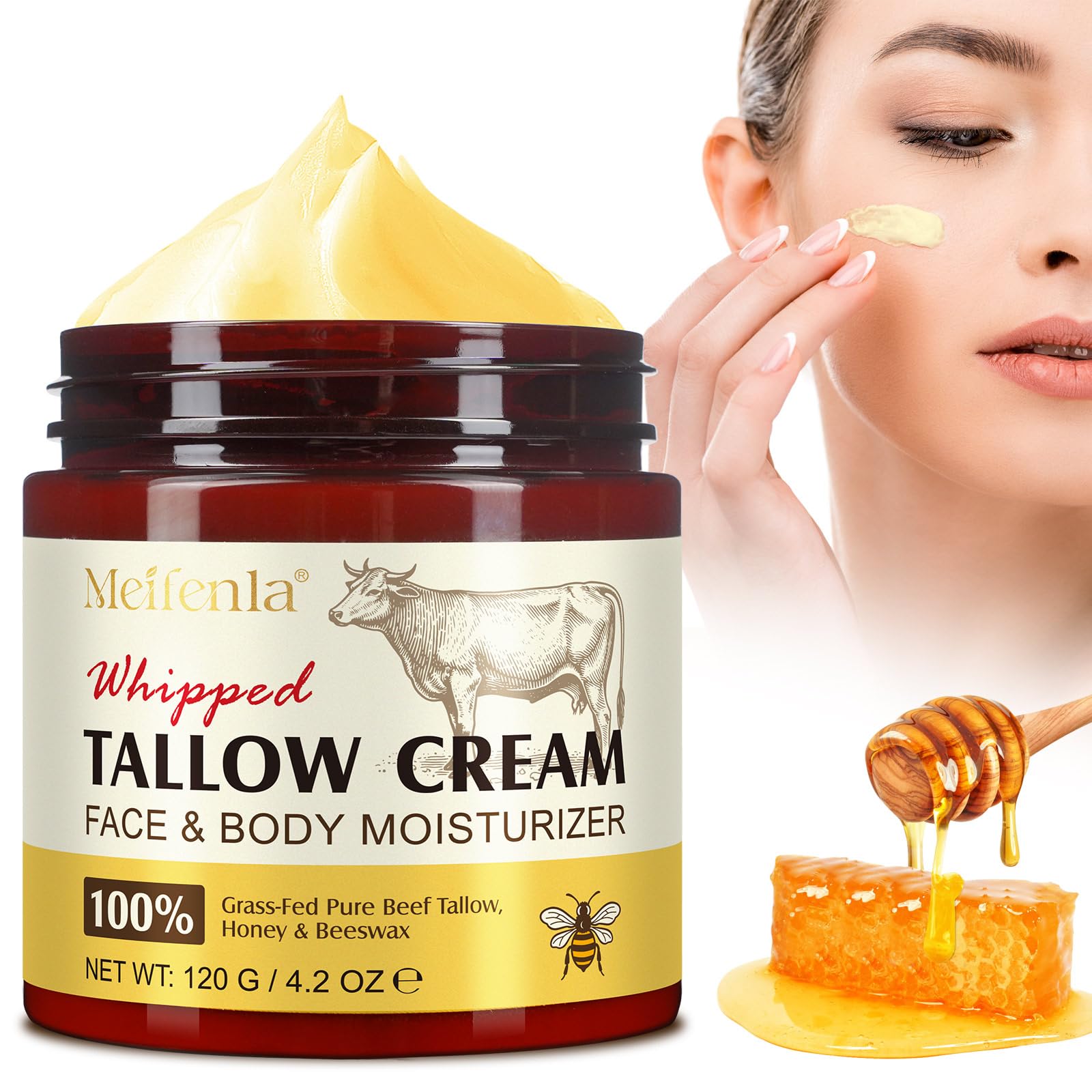 Meifenla Beef Tallow for Skin, Tallow and Honey Cream Natural Tallow Face Moisturizer, Organic Hydrating Beef Tallow Balm Deeply Moisturizing for Face & Body Skin Care