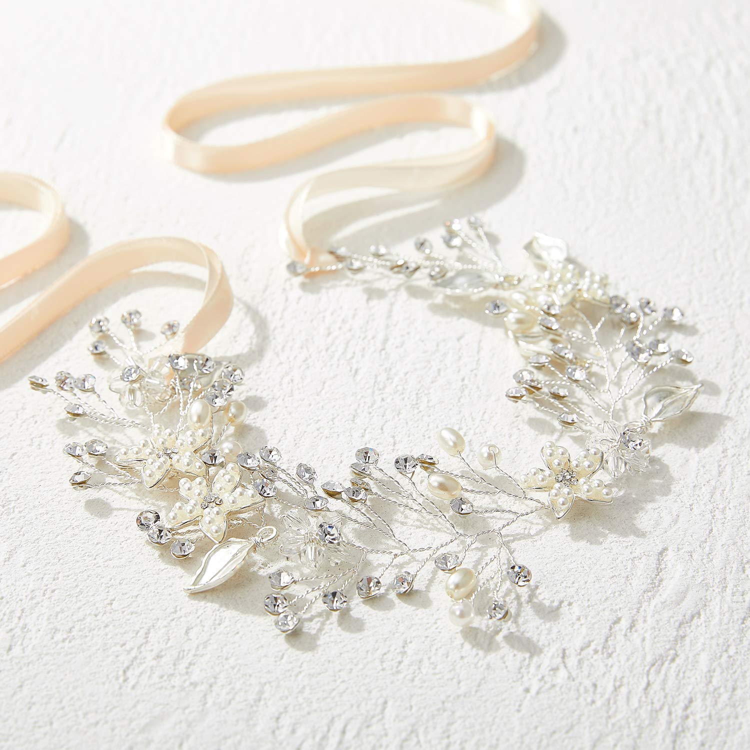 SWEETV Flower Girl Headpiece Silver Princess Wedding Headband -Baby Girls Flower Pearl Hair Accessories for Birthday Party, Photography