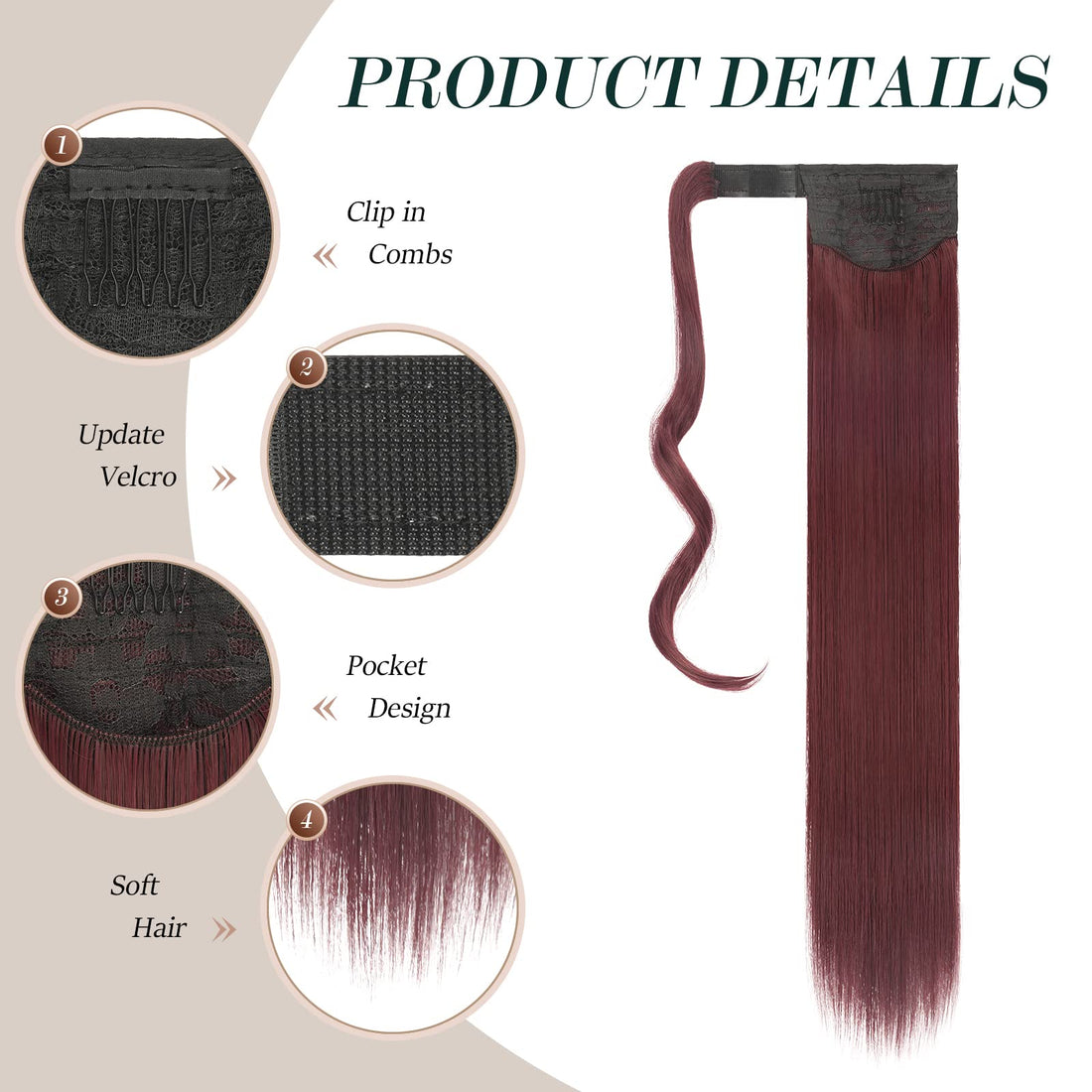 FESHFEN Straight Ponytail Extensions 28 Inch Long Wrap Around Synthetic Hair Piece Clip in Ponytail Hair Extensions Hairpiece for Women Girls 150g