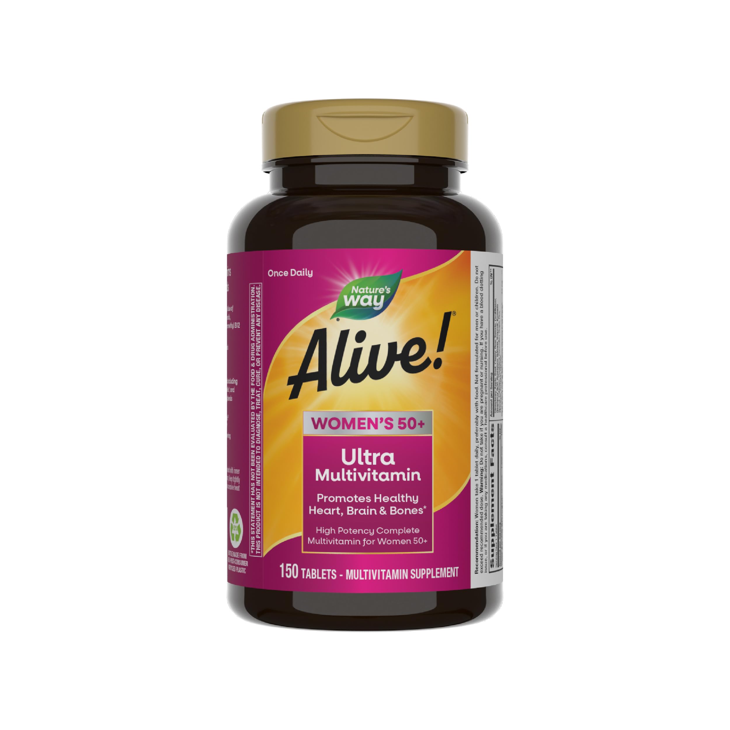 Nature’s Way Alive! Women’s 50+ Ultra Potency Complete Multivitamin, High Potency Formula, Promotes Healthy Heart, Brain, Bones*, with Methylated B12, Gluten-Free, 150 Tablets (Packaging May Vary)