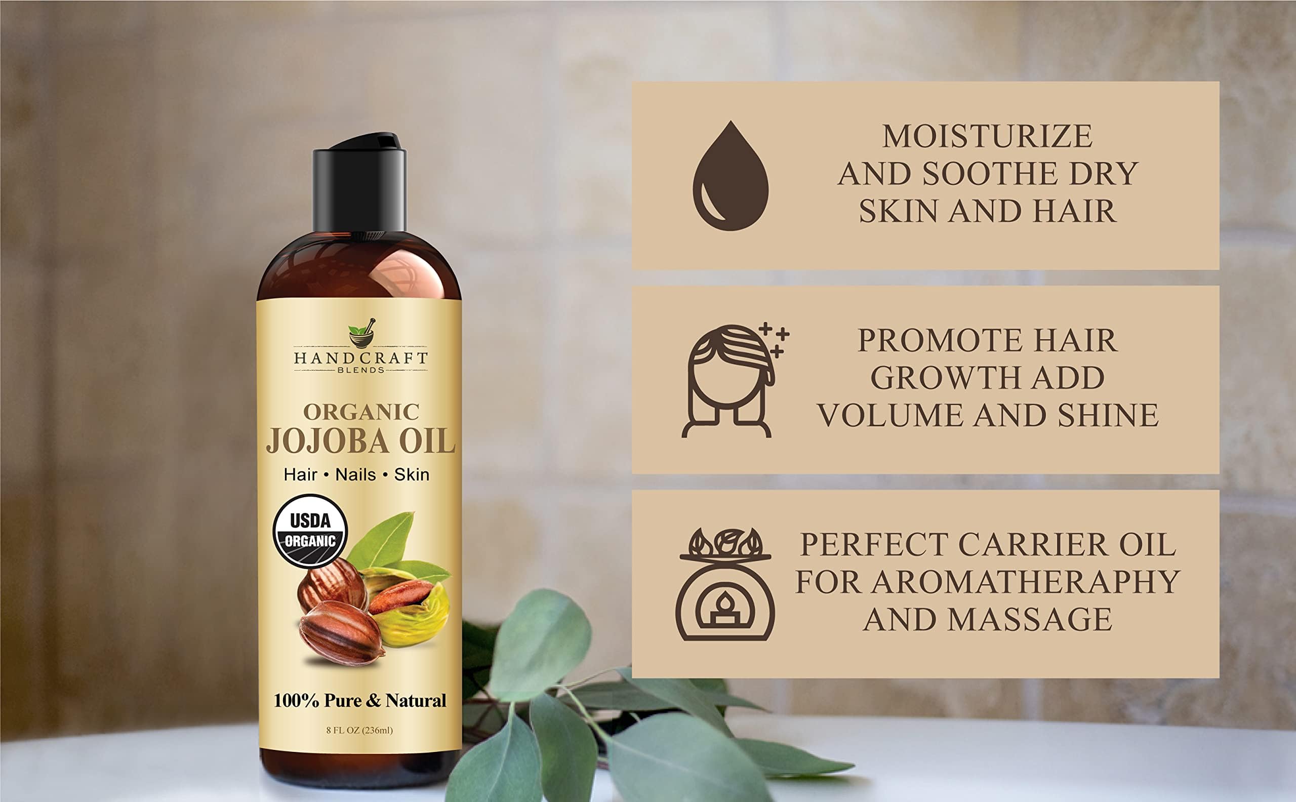 Handcraft Blends USDA Organic Jojoba Oil - Cold-Pressed 8 Fl Oz - 100% Pure and Natural - Premium Grade Carrier Oil for Skin and Hair - Hair and Body - Massage - Hexane-Free