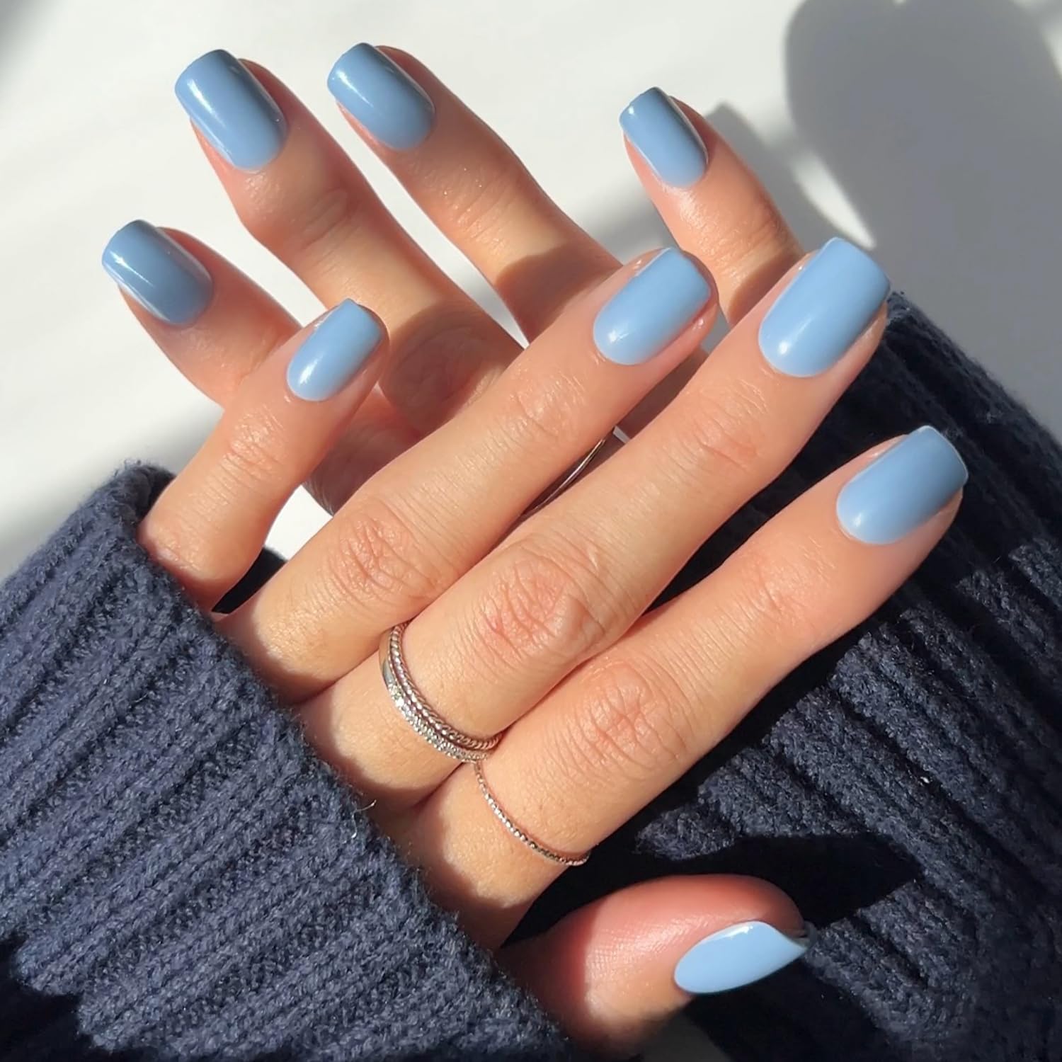 Glamnetic Press On Nails - Cashmere Blue | Opaque Soft Pale Sky Blue Short Squoval Fake Nails, Salon Quality | 15 Sizes - 30 Nail Kit