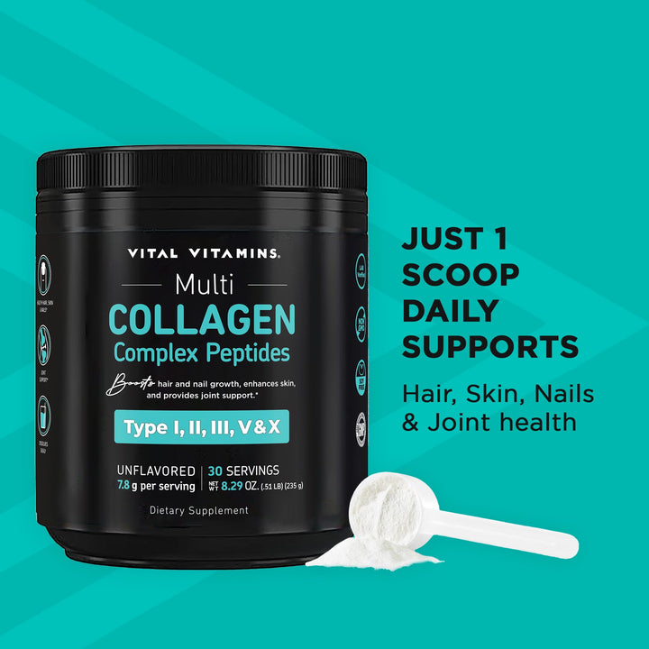 Vital Vitamins Multi Collagen Peptides Powder - Unflavored, Easy to Dissolve - Type I, II, III, V, X - for Women & Men - Promotes Hair, Skin, Nails, & Joint Health - 30 Servings