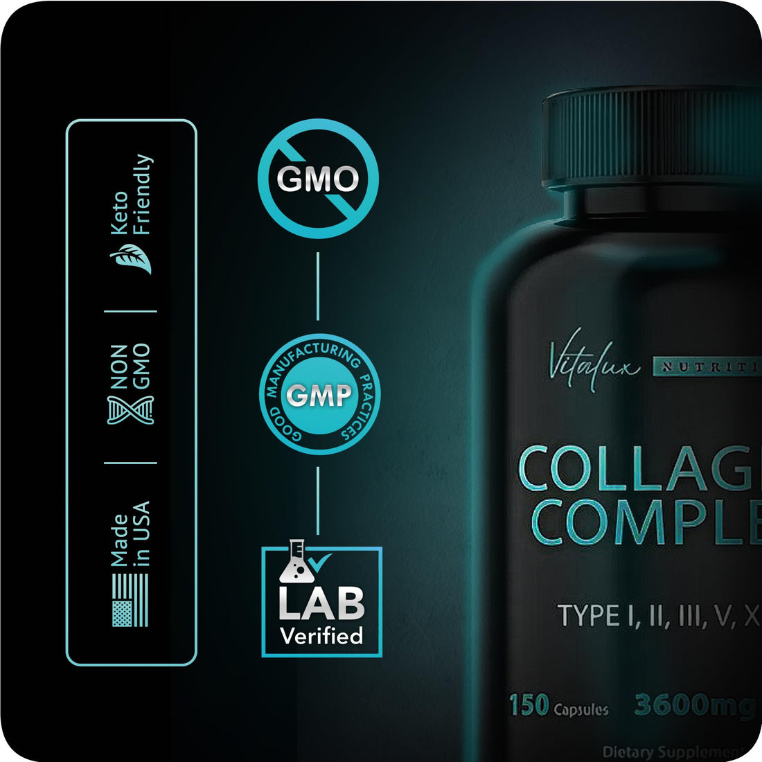 Collagen for Women & Men - Vital Nutrition - Hydrolyzed Collagen Peptides - Multi Collagen Capsules, Keto Friendly, Healthy for Skin, Nails, Bones & Joints, NonGMO- Type I,II,III, V, X - 150 Capsules