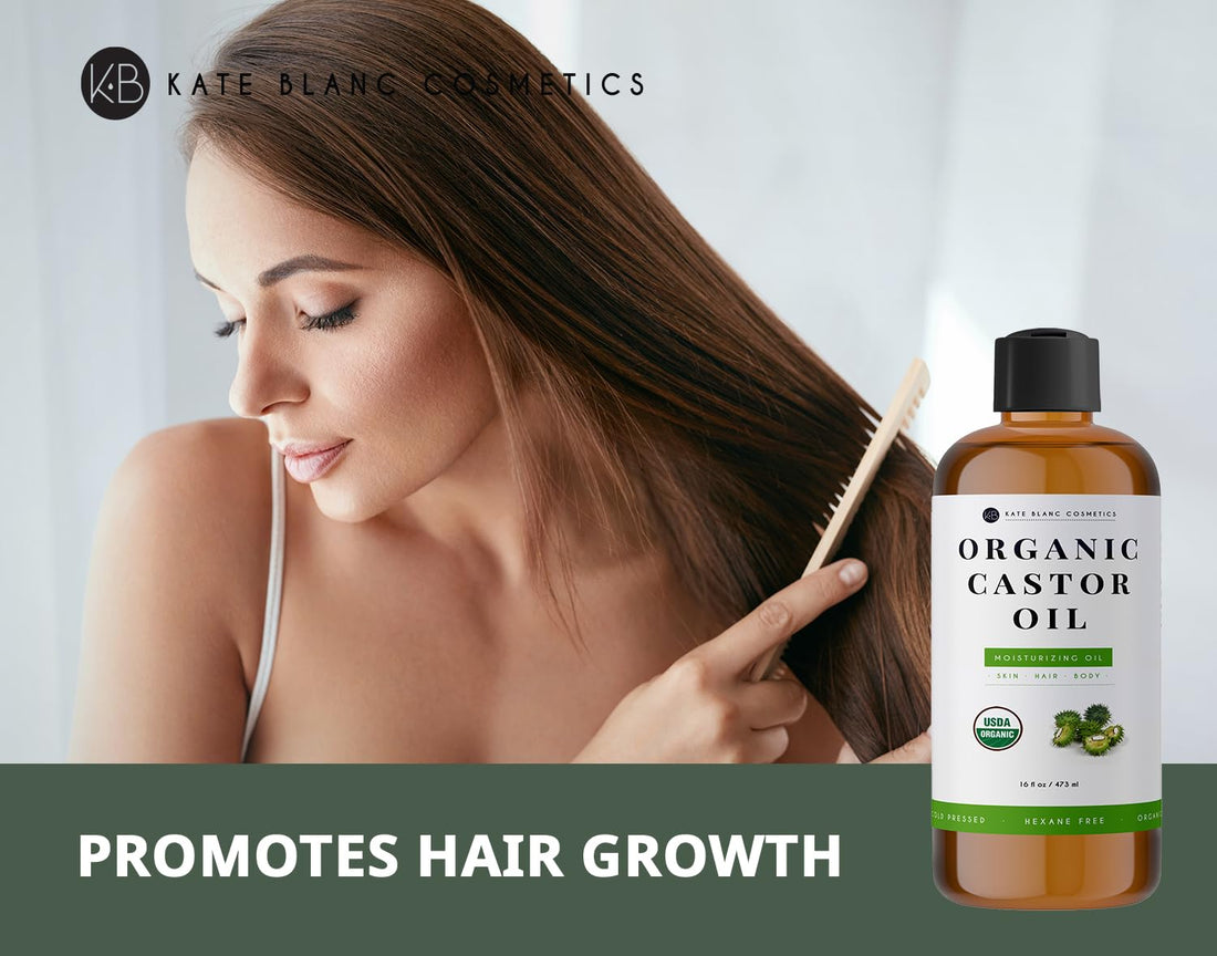Organic Castor Oil 16oz by Kate Blanc. Cold-Pressed, 100% Pure, Hexane-Free. Promote Growth for Hair, Eyelashes, Eyebrows. Moisturizing For Dry Skin and Body. 1-Year Warranty.