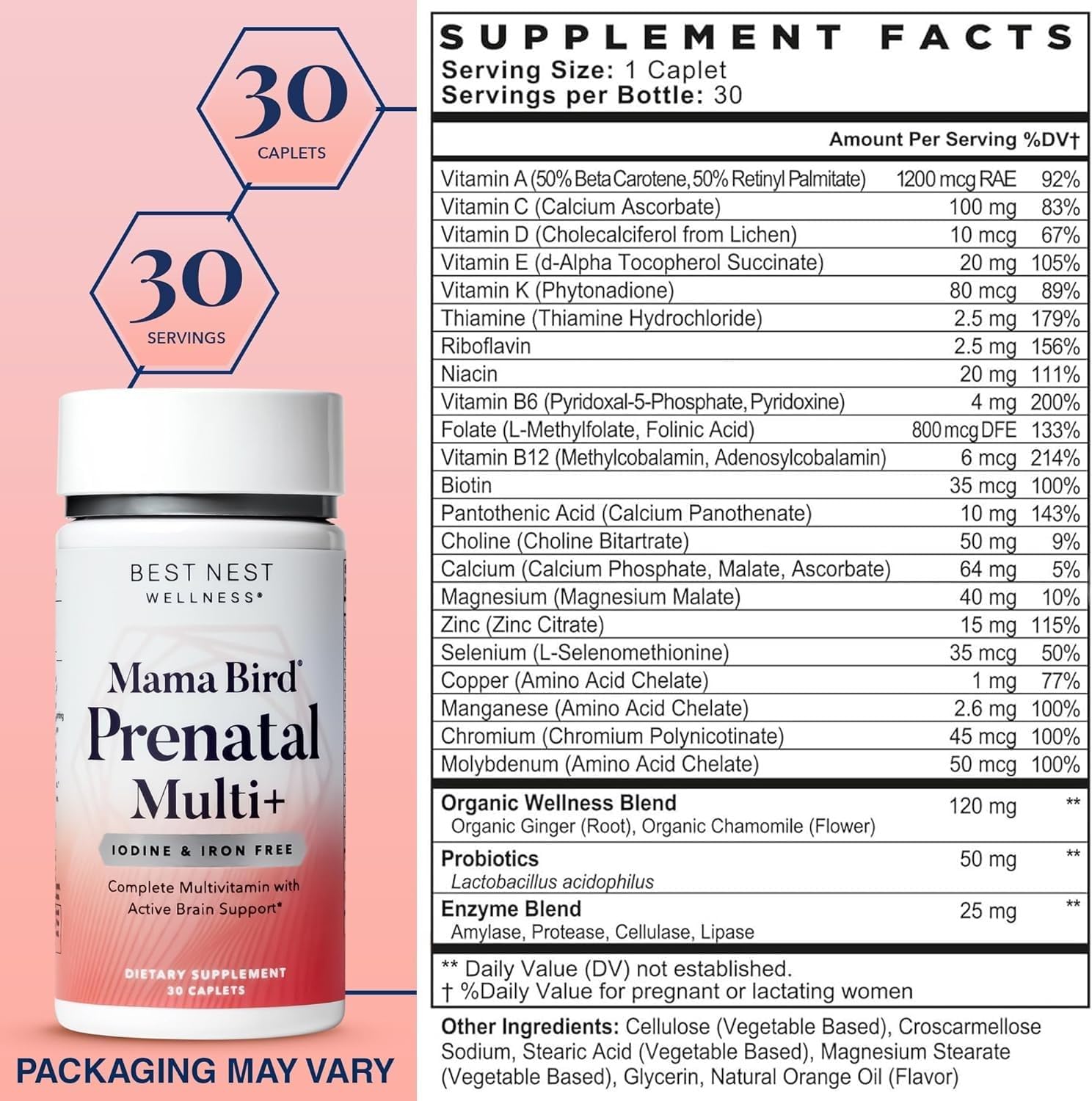 Best Nest Wellness Mama Bird Prenatal Multi Plus Iodine & Iron Free - Prenatal Vitamin for Brain & Digestive Health - Vegan Multivitamin with Methylfolate, Probiotics & More - 30 Caplets