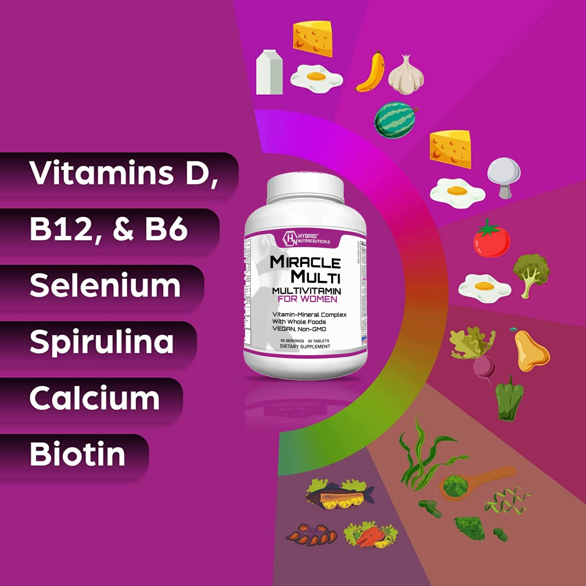 Hybrid Nutraceuticals MiracleMulti Women Multivitamin with Probiotics, Biotin, Folic Acid, Enzymes + Fruit & Vegetable Blend - Immune Support, Heart Health, Energy: 60 Servings (Non-GMO)