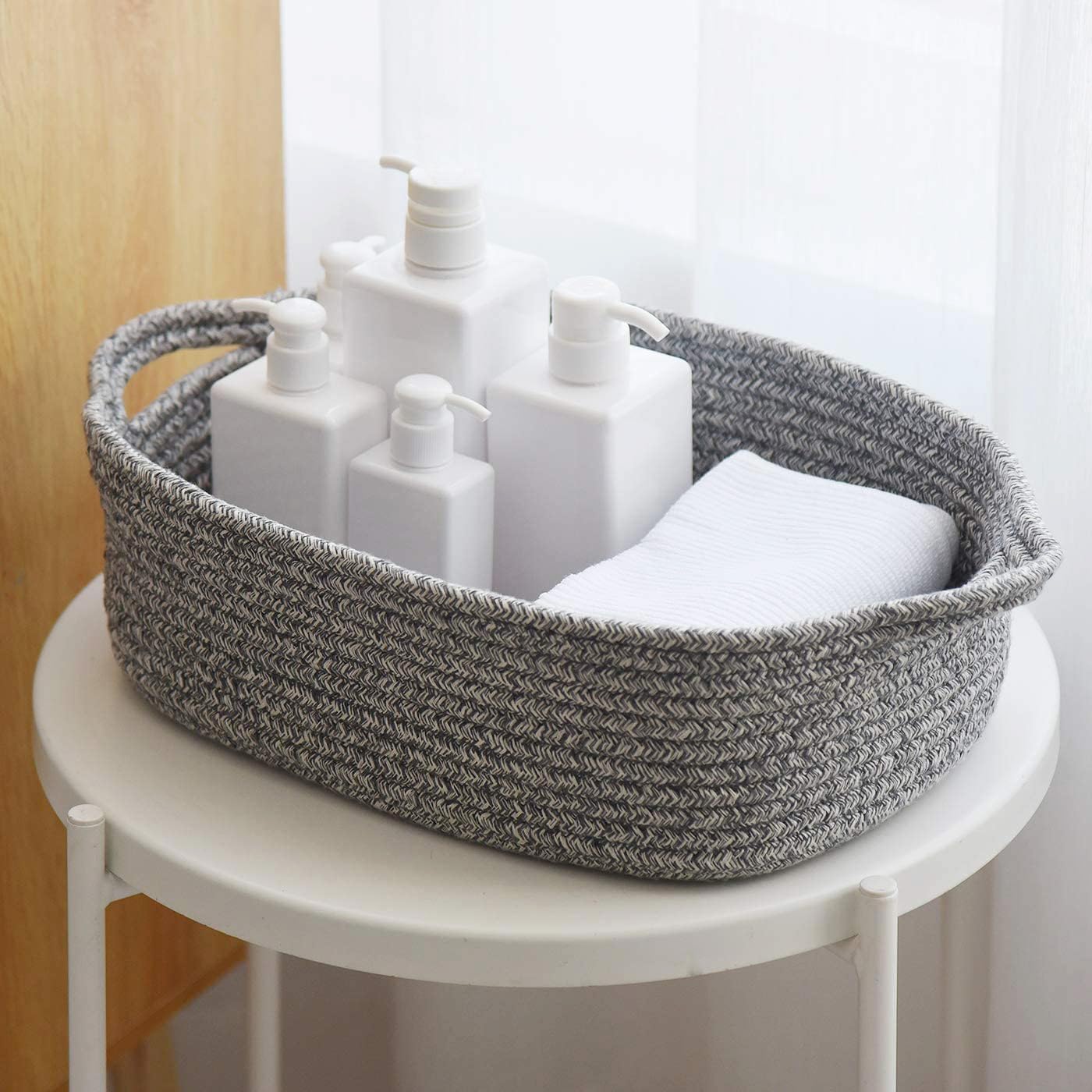 Woven Cotton Rope Storage Basket, Cube Changing Table Organizer for Closet Towels, Baby Nursery Bin, Small Dog Cat Toy Box, Gift Baskets empty (14.5x 11x 5) by CIKI HOME