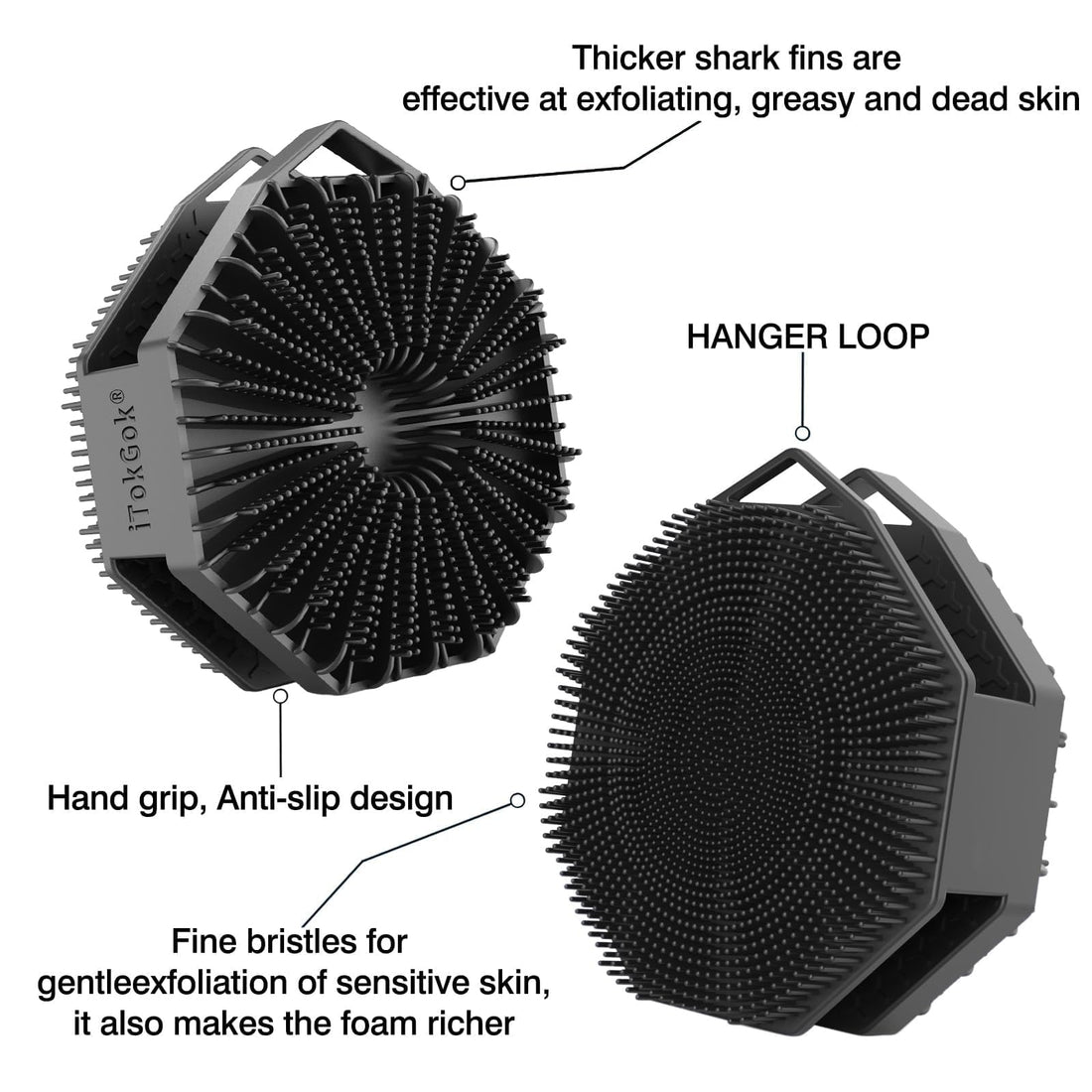 iTokGoK® Premium Silver-Infused Dual-Sided Design 2-in-1 Silicone Body Scrubber for Shower,Body Brush Buffer Scrubber for Men and Women for All Skin, Ergonomic No-Slip Handle, Easy to Clean - Black