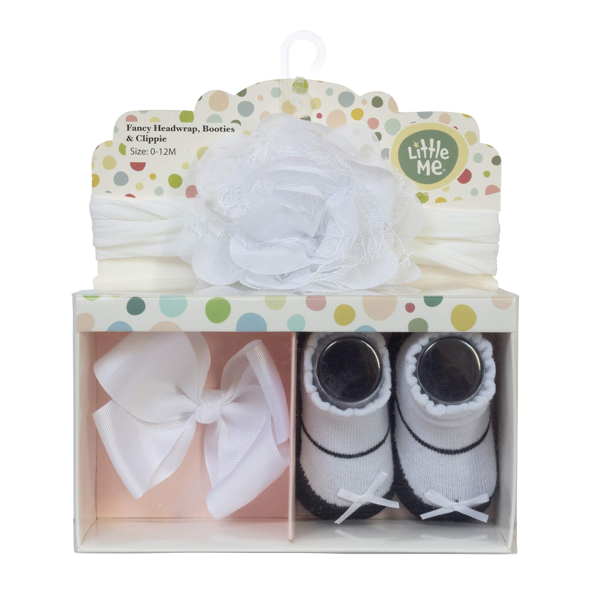 Little Me Baby Girl Booties w/Head Wrap and Grosgrain Bow Clip Set, White, 0-12 Months