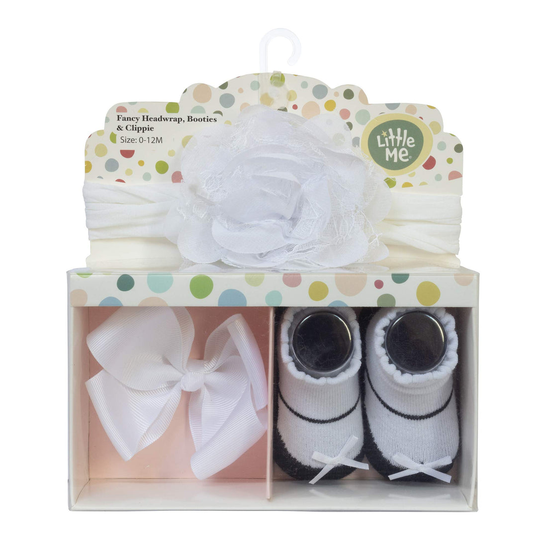 Little Me Baby Girl Booties w/Head Wrap and Grosgrain Bow Clip Set, White, 0-12 Months