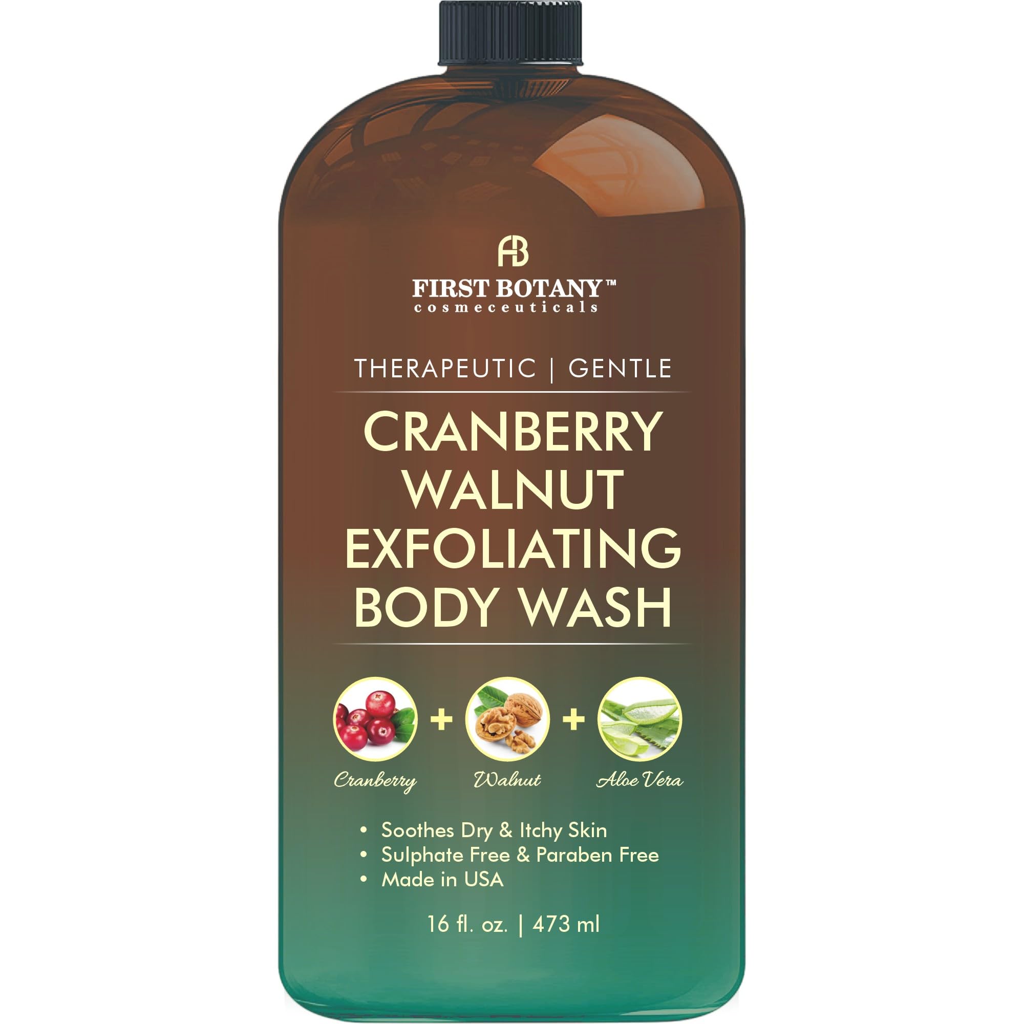 First Botany All Natural Body Wash - Fights Body Odor, Athlete’s Foot, Jock Itch, Nail Issues, Dandruff, Acne, Eczema, Shower Gel for Women & Men, Skin Cleanser -16 Fl Oz (Cranberry Walnut)