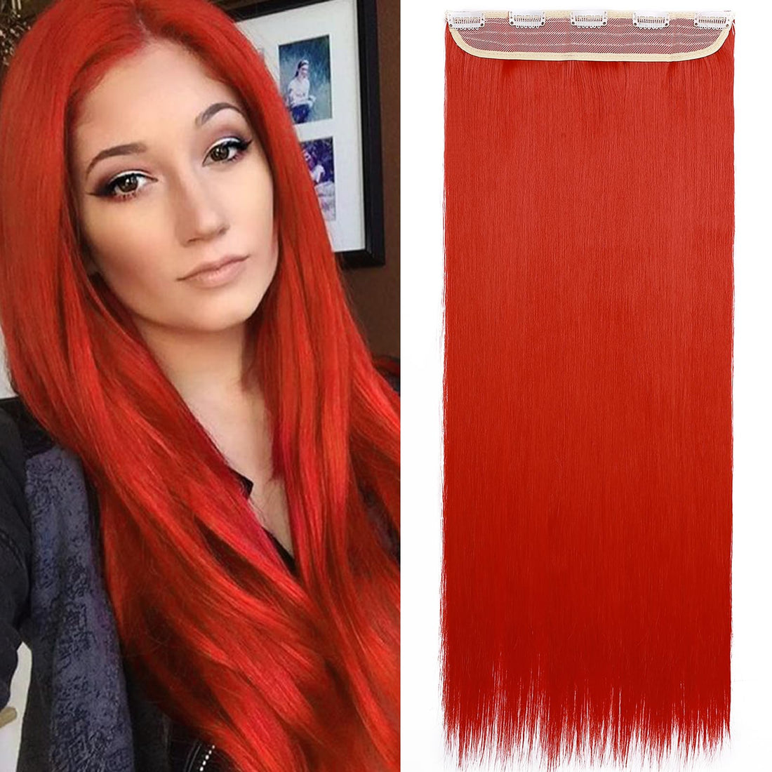 S-noilite 24/26 Straight Curly 3/4 Full Head One Piece 5clips Clip in Hair Extensions Long Poplar Style for Xmas Gifts 22colors(26-straight,red)
