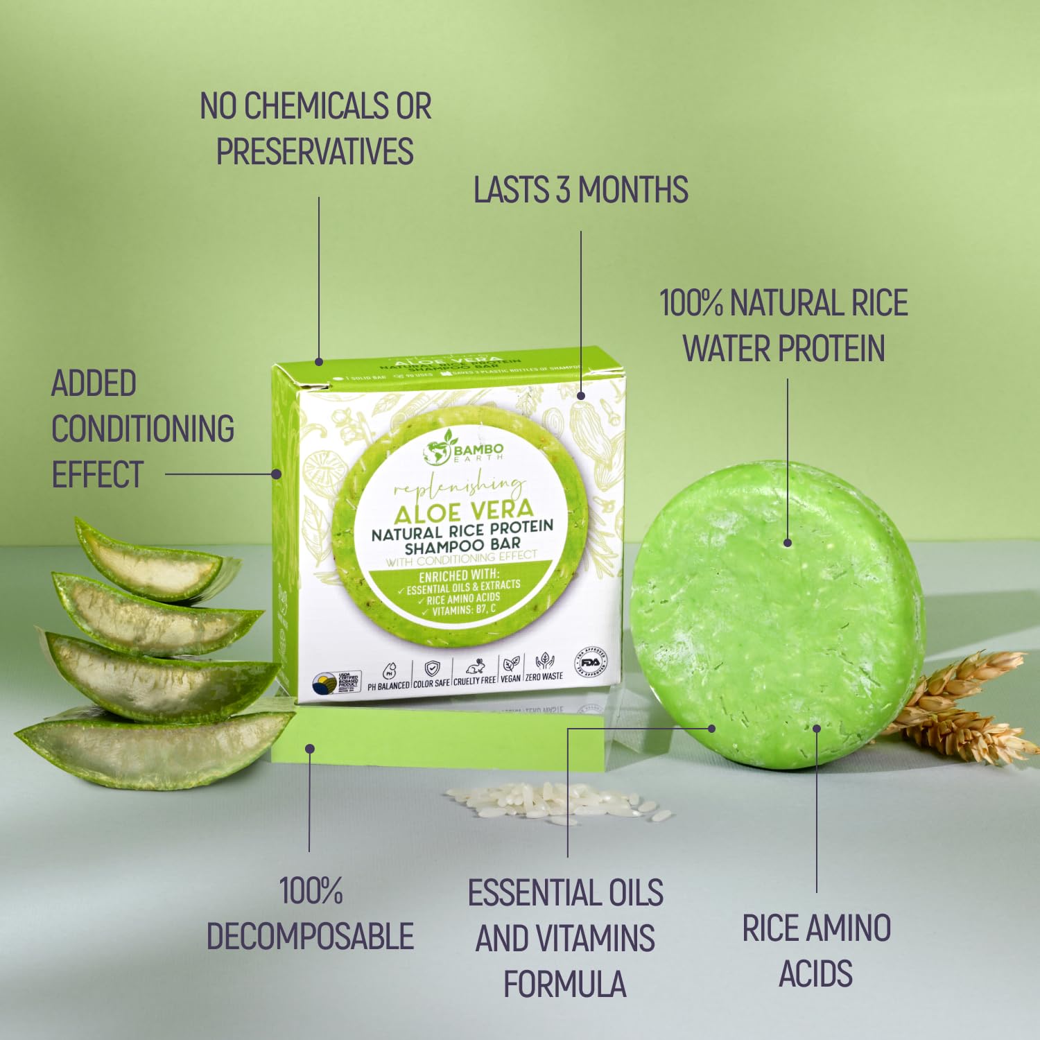 BAMBOEARTH Solid Rice Protein Water Shampoo Bar With Conditioner Effect Hair Soap – Shampoo Bars For Hair With All Natural Plant Based Essential Oils And Zero Waste Packaging (Aloe Vera)