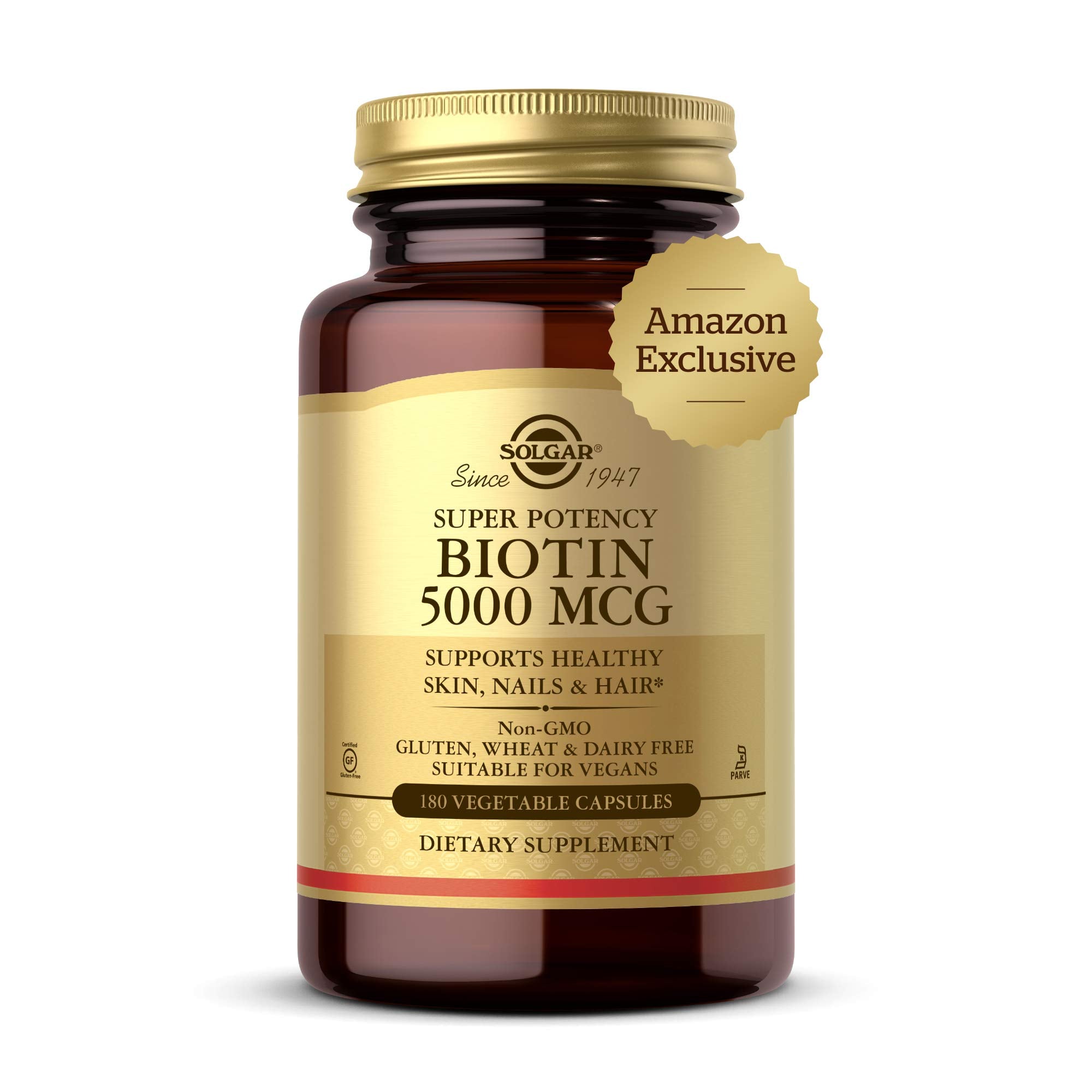 Solgar Biotin 5000 mcg - Supports Healthy Skin, Nails & Hair - Supports Energy Production & Metabolism - Vitamin B - Non-GMO, Vegan, Gluten Free - 180 Count