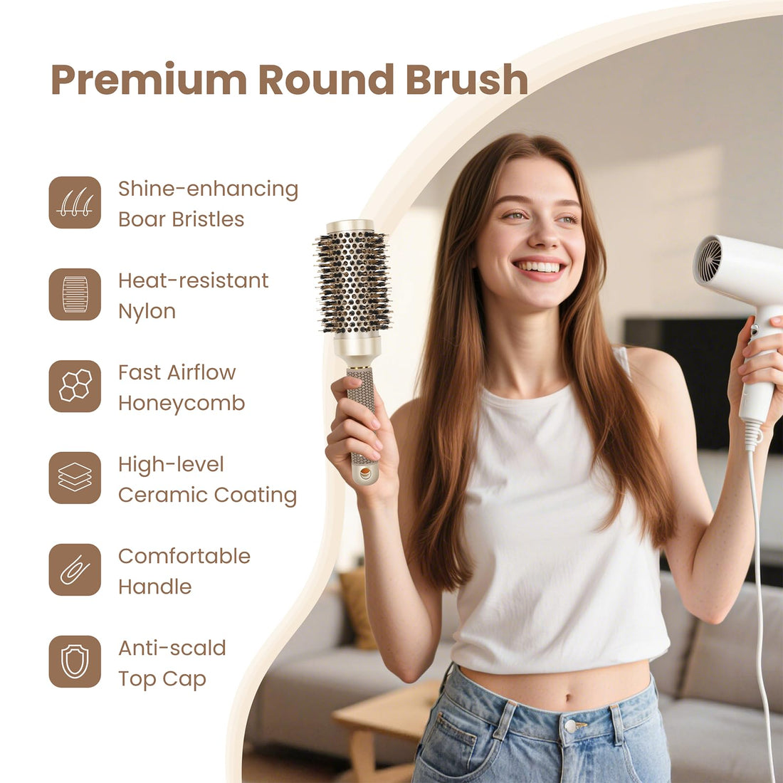 AIMIKE Round Brush for Blow Out, Medium Round Hair Brush Nano Thermal Ceramic & Ionic Tech, for Blow Drying & Styling, Curling and Shine - 2.9 inch Barrel w/Boar Bristles