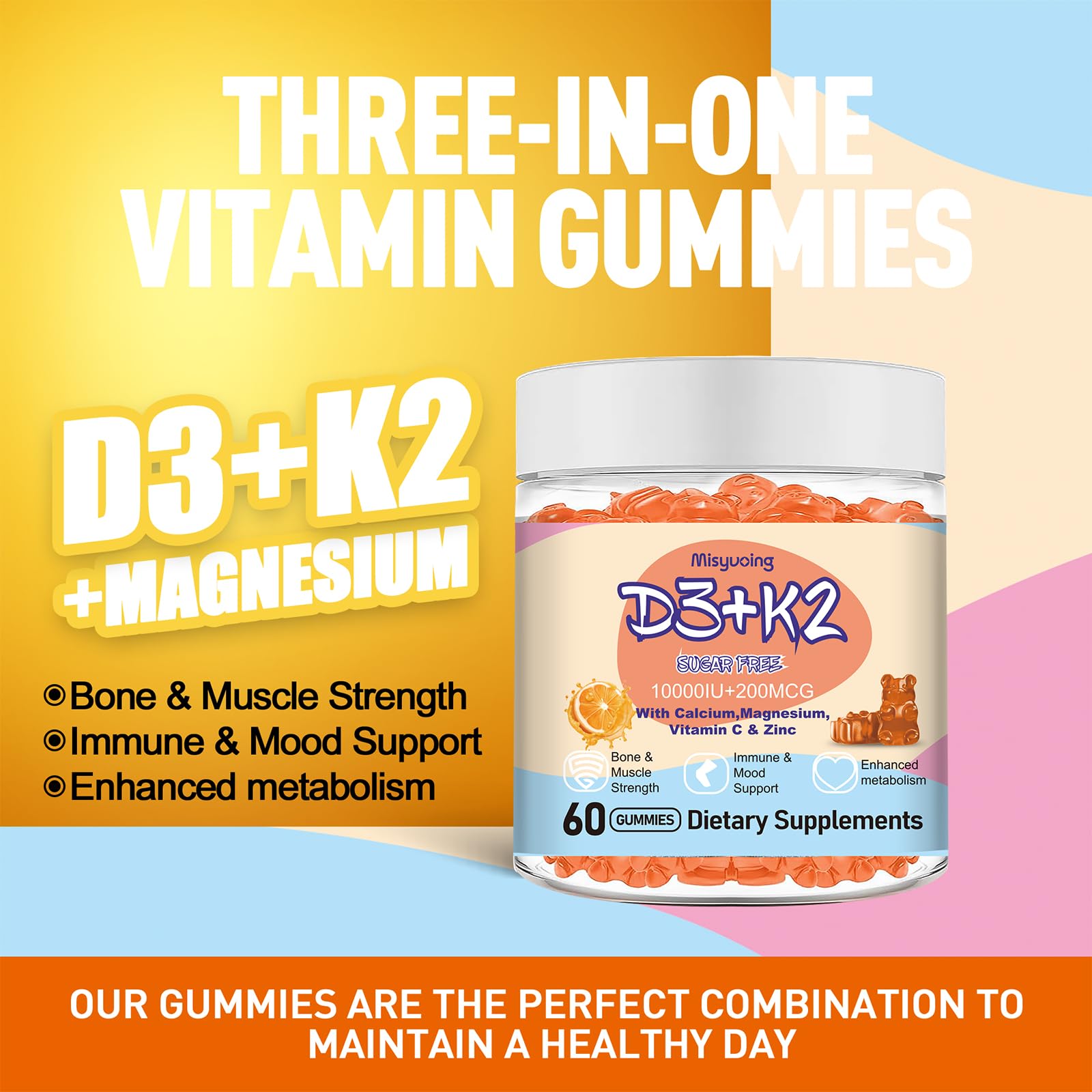 Misyvoing Vitamin D3 K2 Sugar-Free Gummies,Vitamin D3 10000 IU with K2 200mcg,VitaminC,Calcium,Magnesium,Zinc,Support for Bones,Joints,Muscles,Nerves,and Immune System