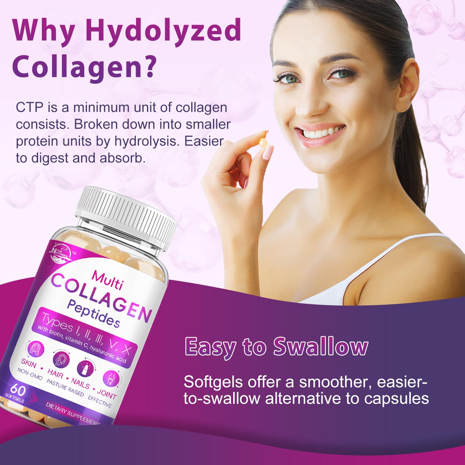 Multi Collagen Peptides Softgel - Type I, II, III, V, X - Hydrolyzed Collagen Peptides with Biotin, Vitamin C, Hyaluronic Acid, Supports Skin Hair Nail, Grass-Fed, Non-GMO, 60 Softgel, 2 Pack