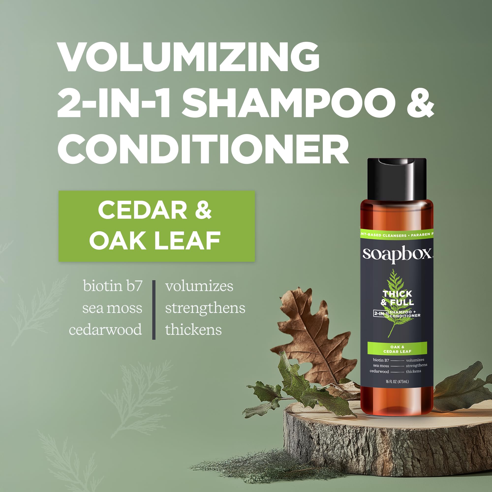 Soapbox Men's Thick and Full 2 in 1 Shampoo and Conditioner Men, Natural Mens Shampoo and Conditioner, Oak & Cedar Leaf, 16oz