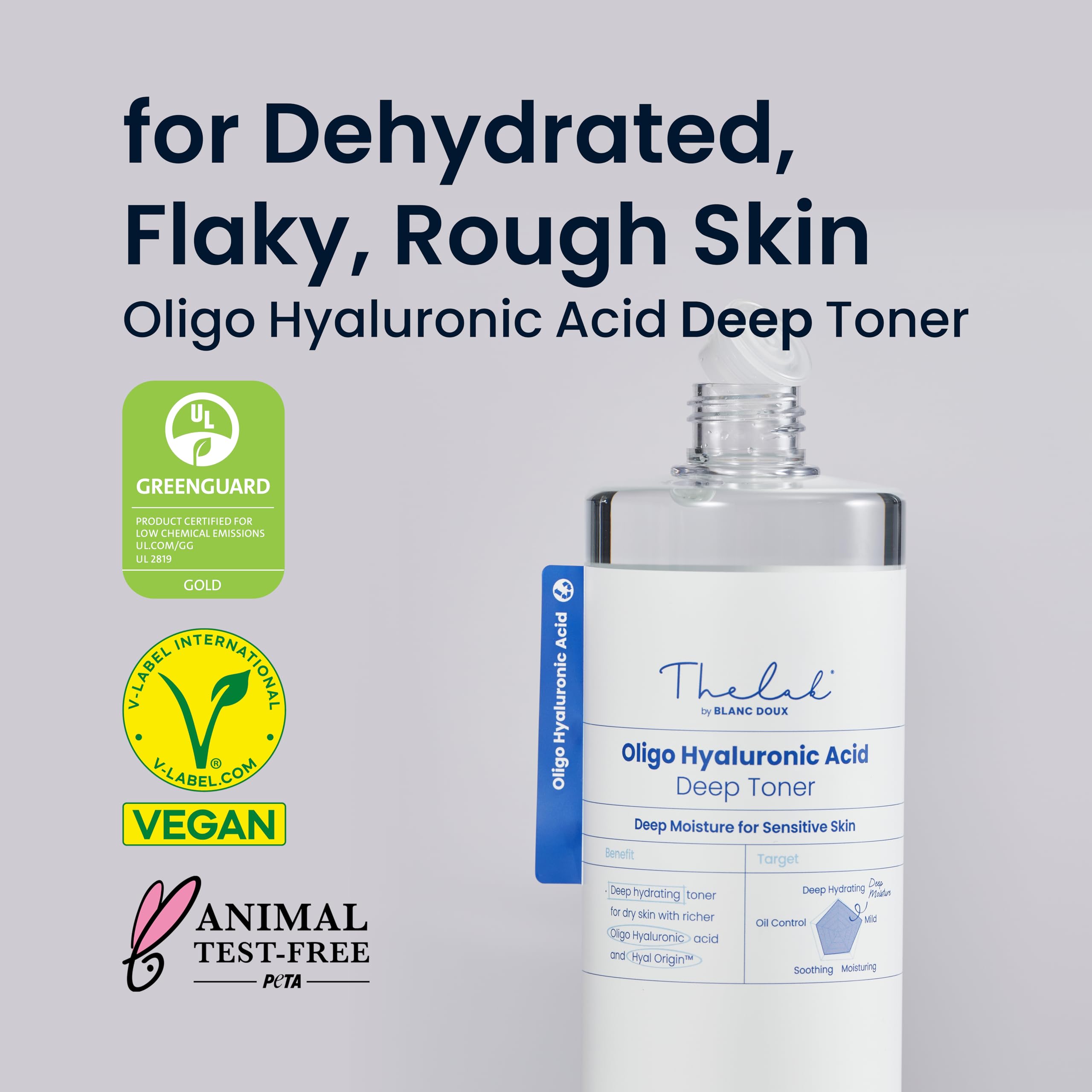 THE LAB BY BLANC DOUX Oligo Ultra-Low Molecular Hyaluronic Acid Deep Moisture Essence Toner Vegan for Sensitive Dry Combination Skin - Hypoallergenic Intense Hydrating Face Moisturizer