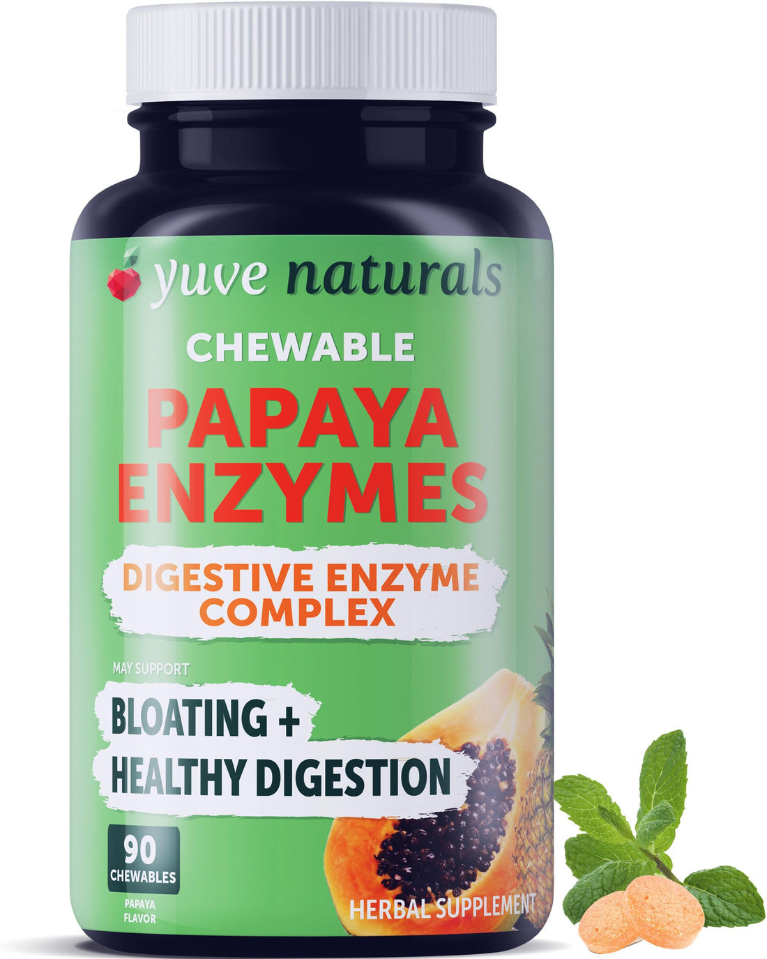 Yuve Natural Papaya Digestive Enzymes - Sugar-Free Chewable Candies - Promotes Better Digestion - Constipation & Bloating Aid, Detox, Leaky Gut Repair & Gas Relief - Vegan, Non-GMO, Gluten-Free - 90ct