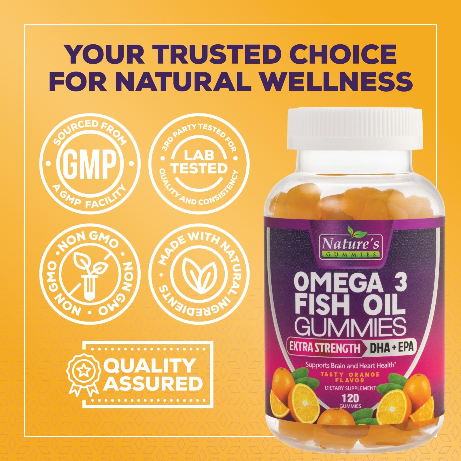 Omega Fish Oil Gummies - Delicious Orange Flavor Fish Oil Omega 3 Supplements with Heart Healthy EPA & DHA Fatty Acids for Heart, Joint & Brain Support - Omega 3 Fish Oil Gummy Vitamins - 120 Gummies