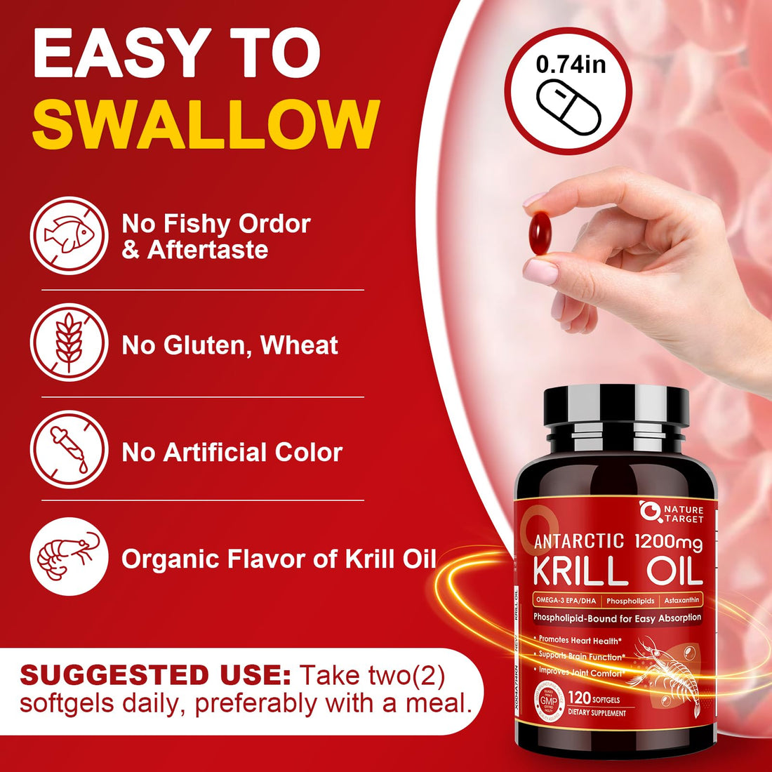 NATURE TARGET Krill Oil 1200mg with Omega-3 EPA & DHA with Astaxanthin, Phospholipids & Choline - Supports Heart, Brain, Join Health, Non-GMO, Gluten Free, 120 Softgels (60 Servings)