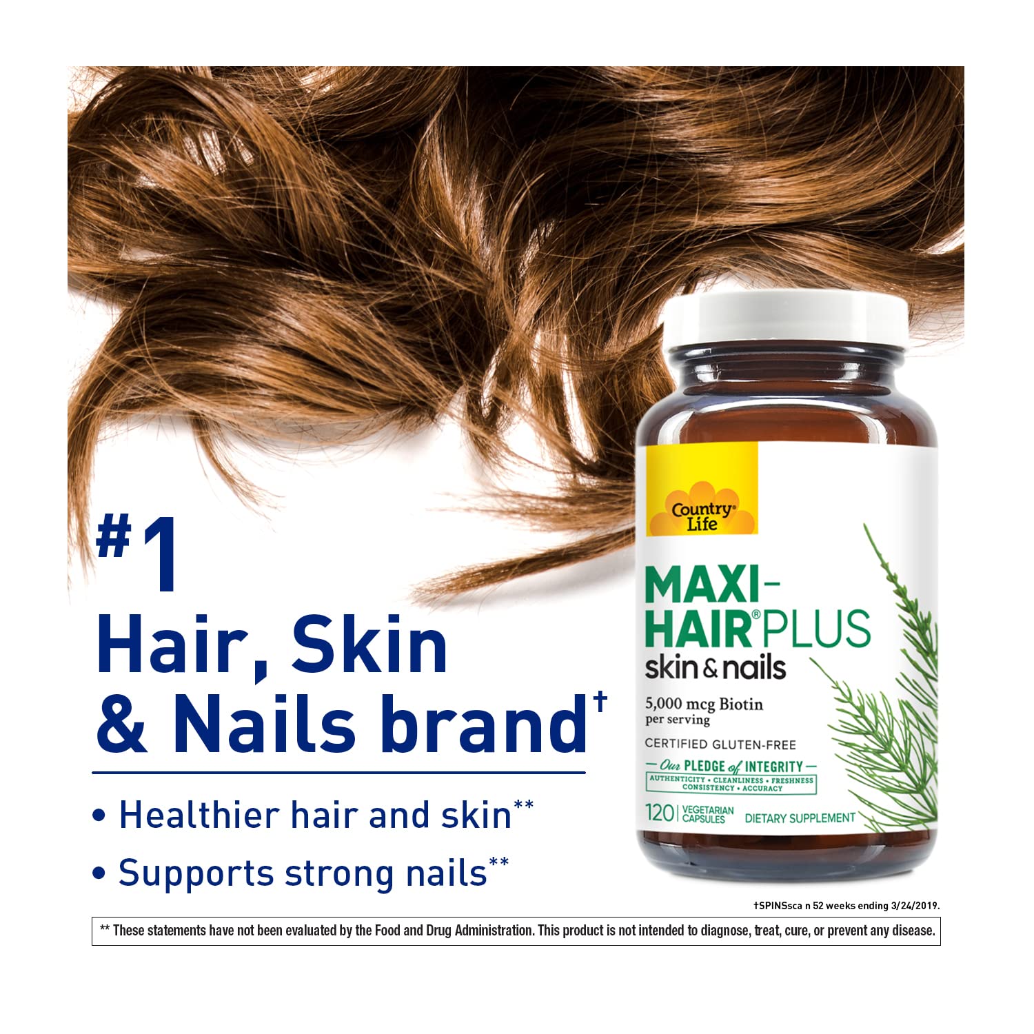 Country Life, Maxi-Hair Plus Biotin, Supports Healthy Hair, Skin and Nails, Daily Supplement, 120 ct